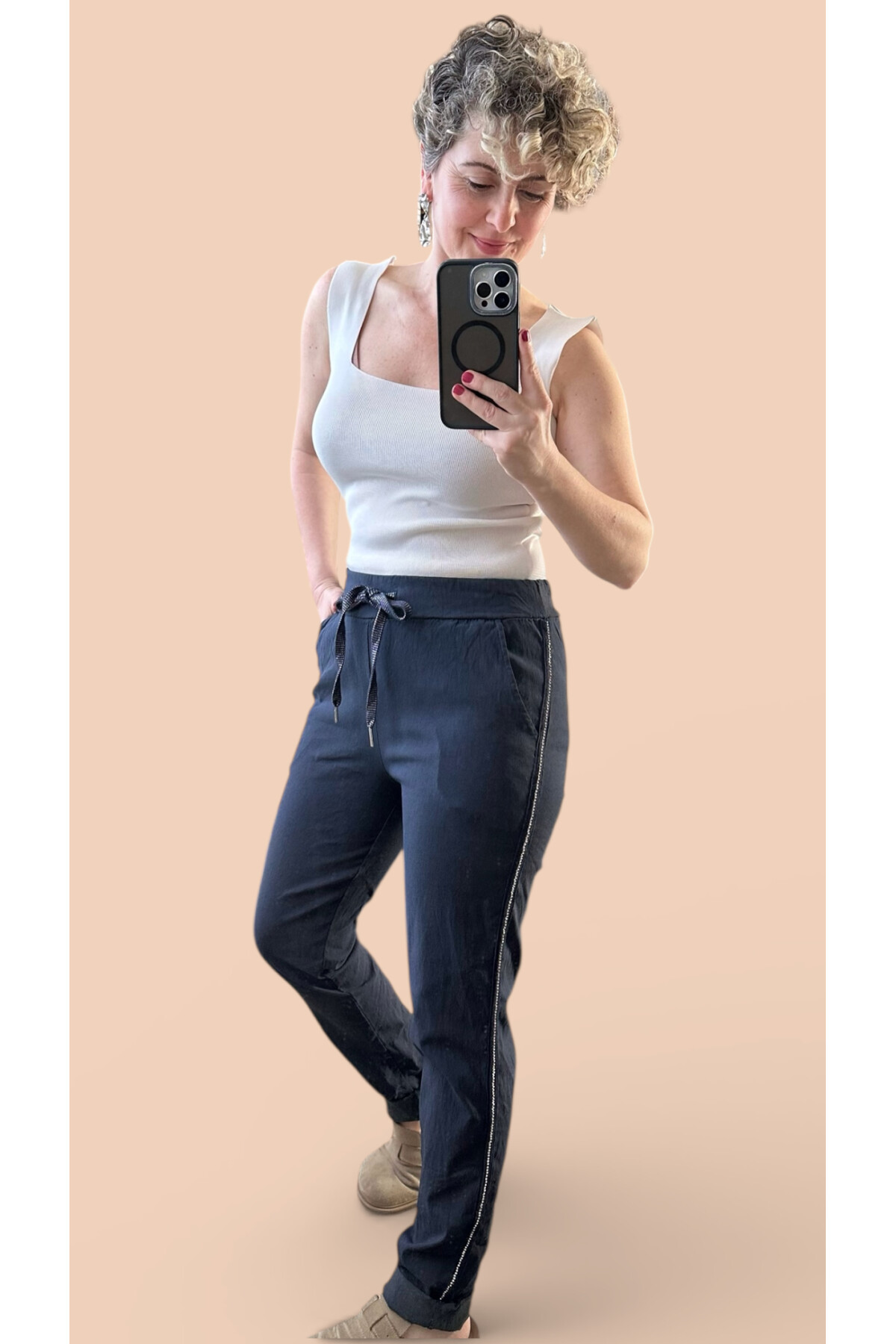 Lecce İtalyan Sihirli İnce Taş Şerit Detay Pantalon Lacivert