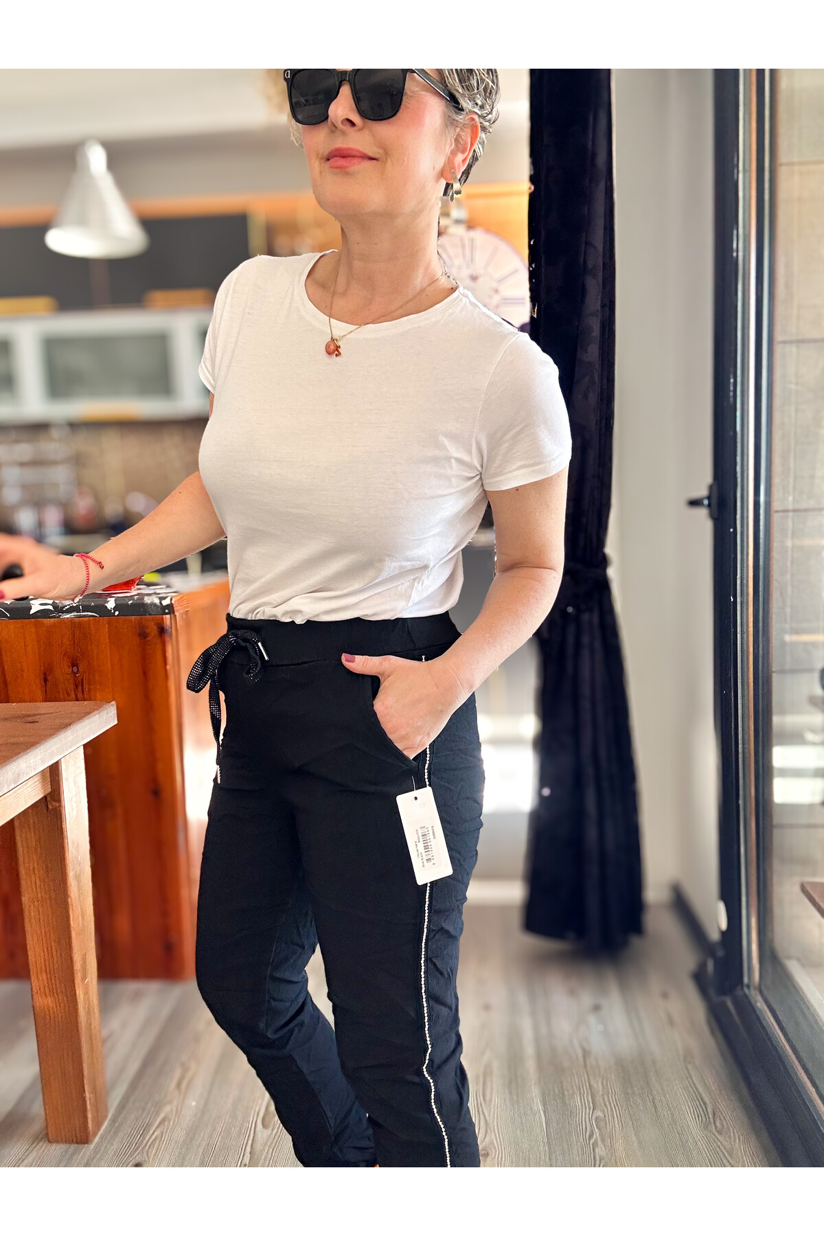 Lecce İtalyan Sihirli İnce Taş Şerit Detay Pantalon Siyah