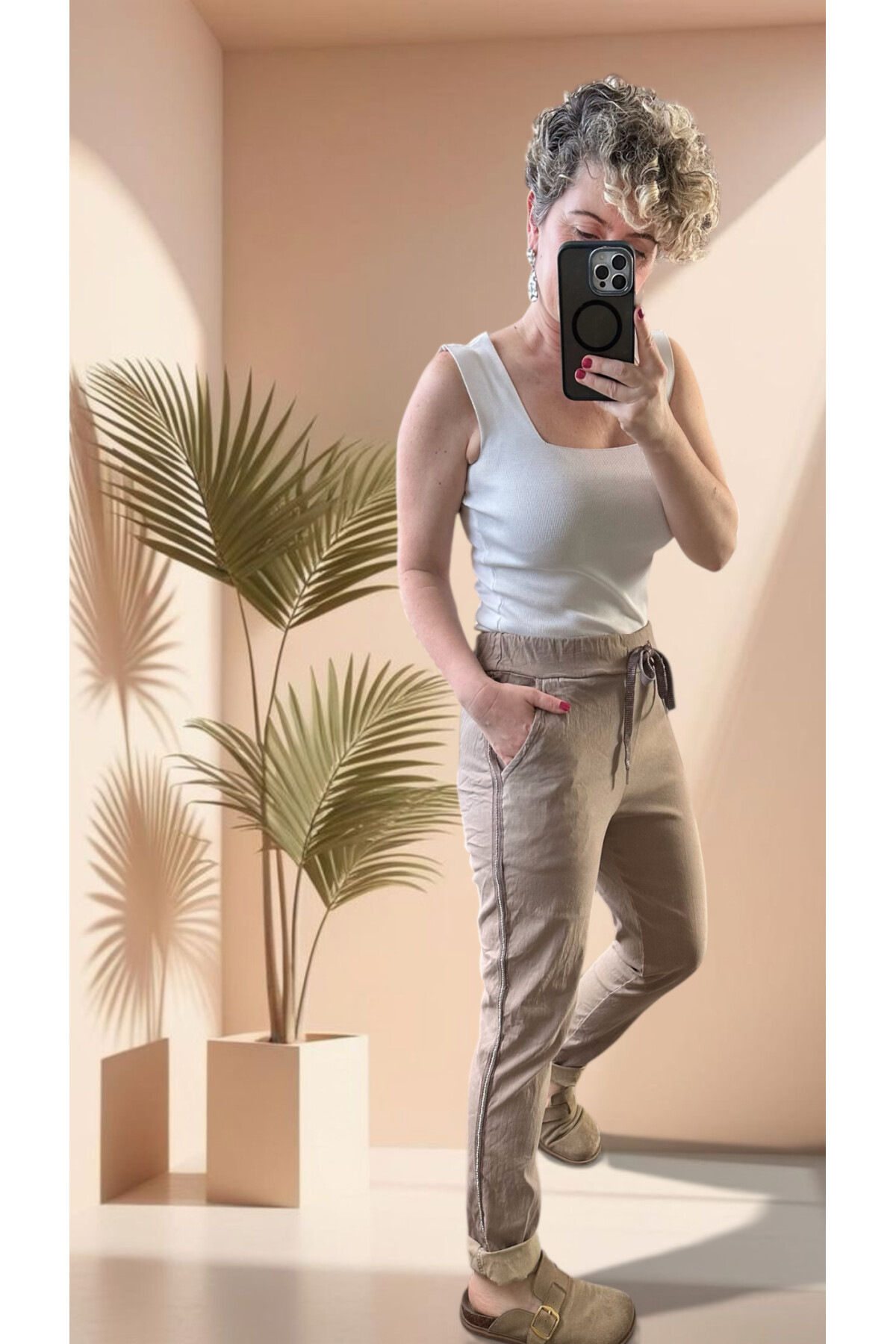 Lecce İtalyan Sihirli İnce Taş Şerit Detay Pantalon Vizon