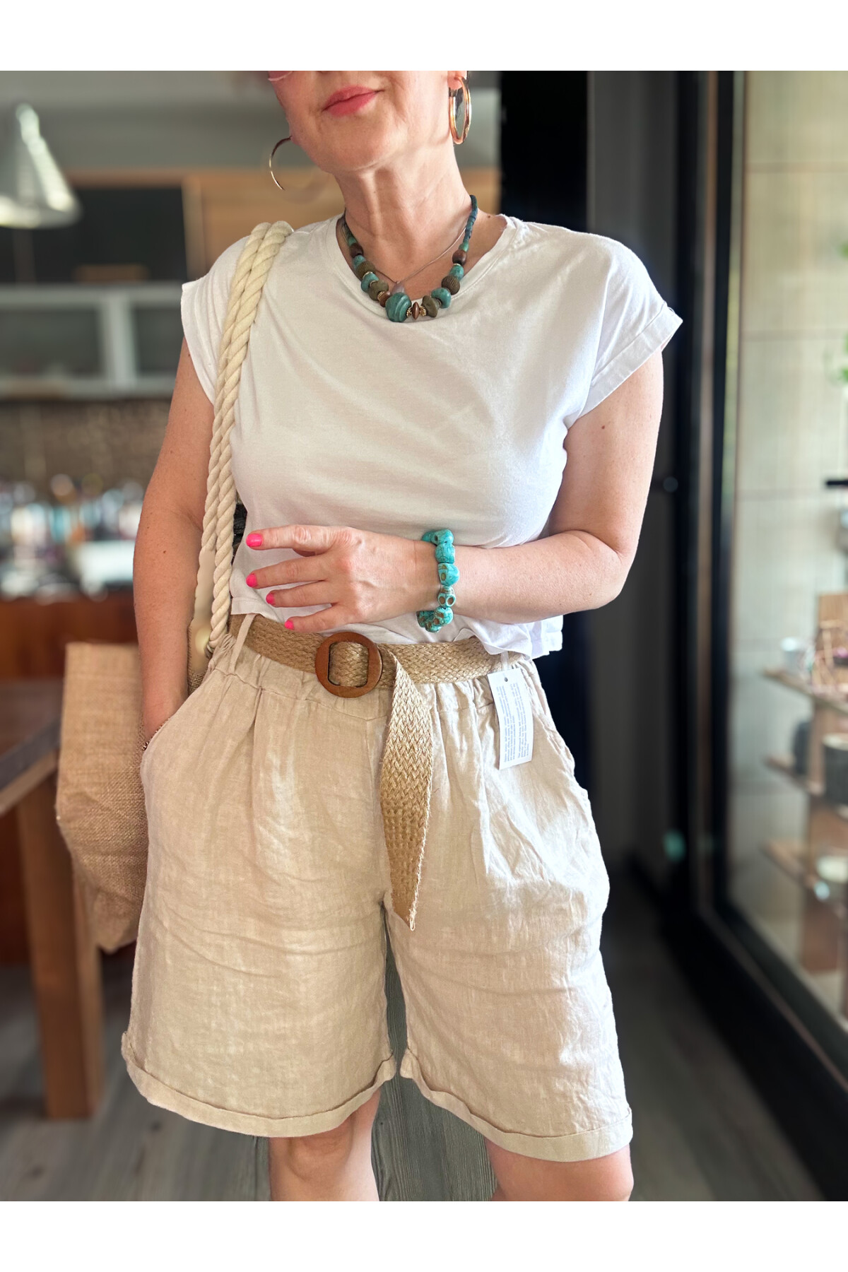 Lenasso İtalyan Stil Hasır Kemerli Keten Şort Beige