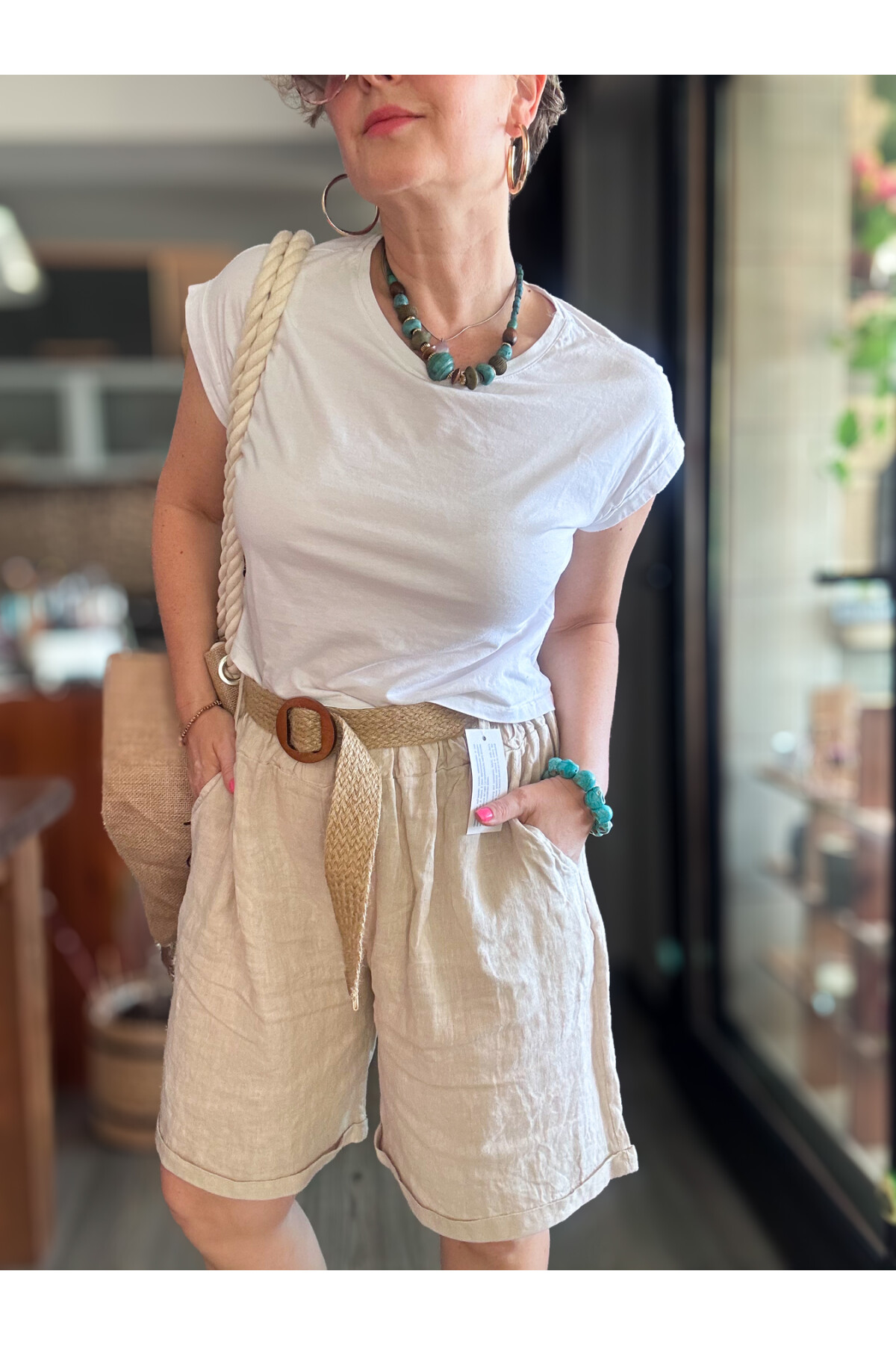 Lenasso İtalyan Stil Hasır Kemerli Keten Şort Beige