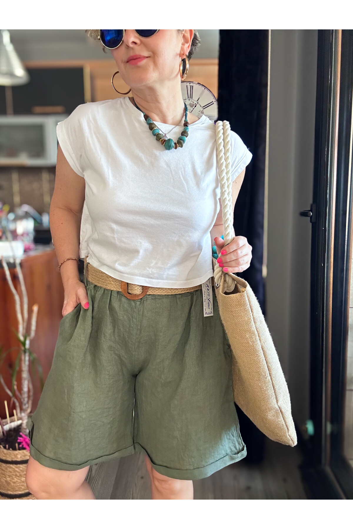 Lenasso İtalyan Stil Hasır Kemerli Keten Şort Haki