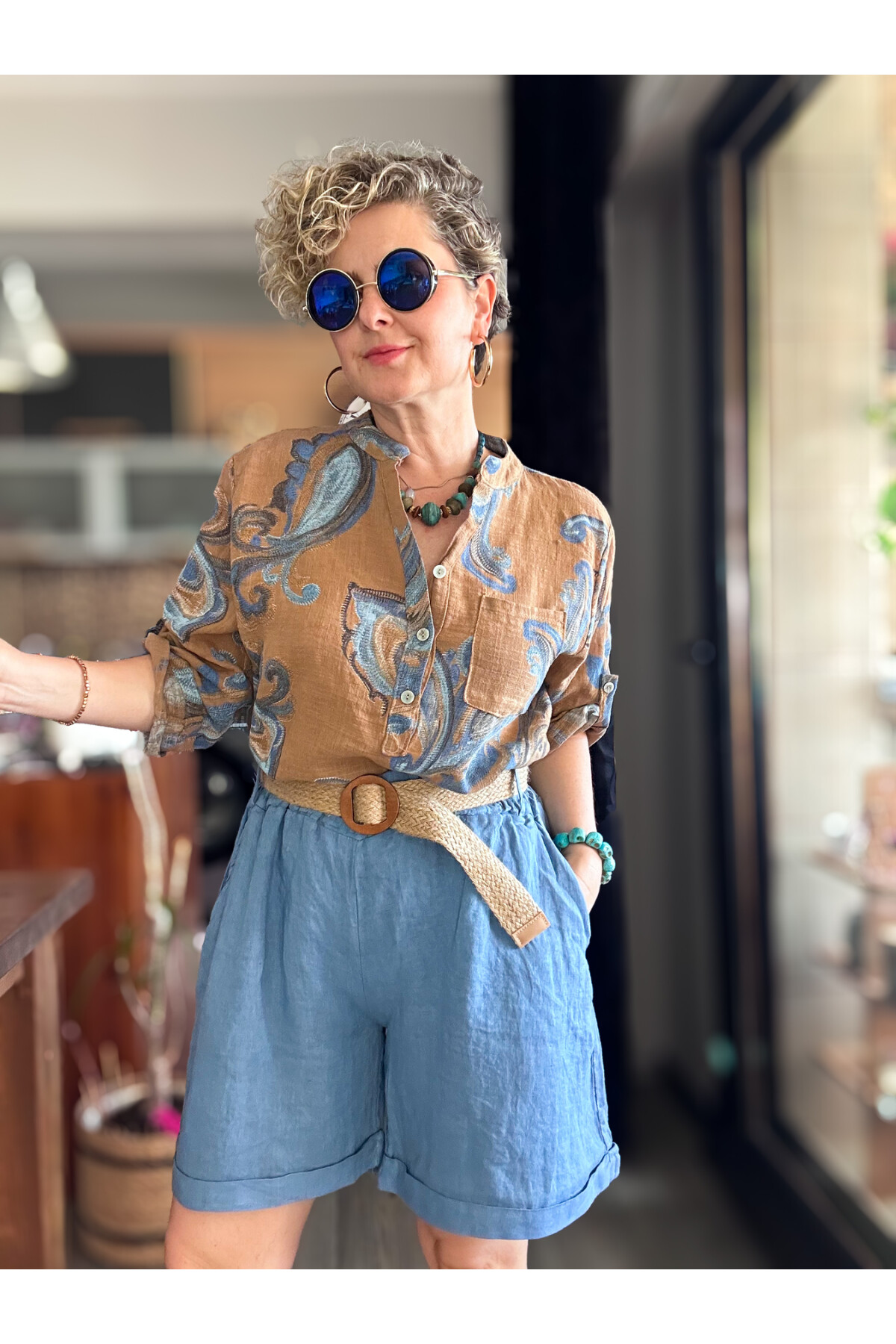 Lenasso İtalyan Stil Hasır Kemerli Keten Şort İndigo