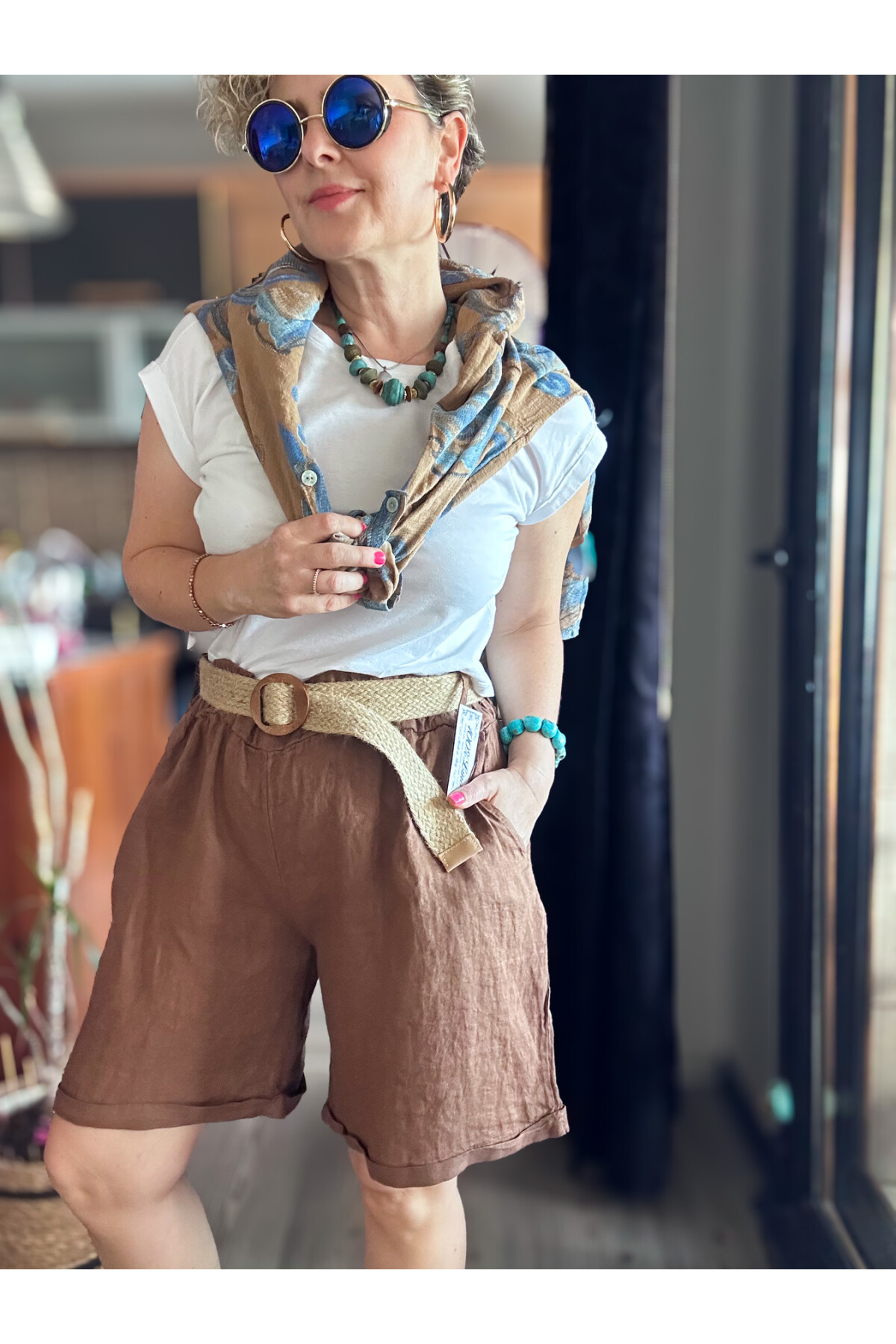 Lenasso İtalyan Stil Hasır Kemerli Keten Şort Kahve