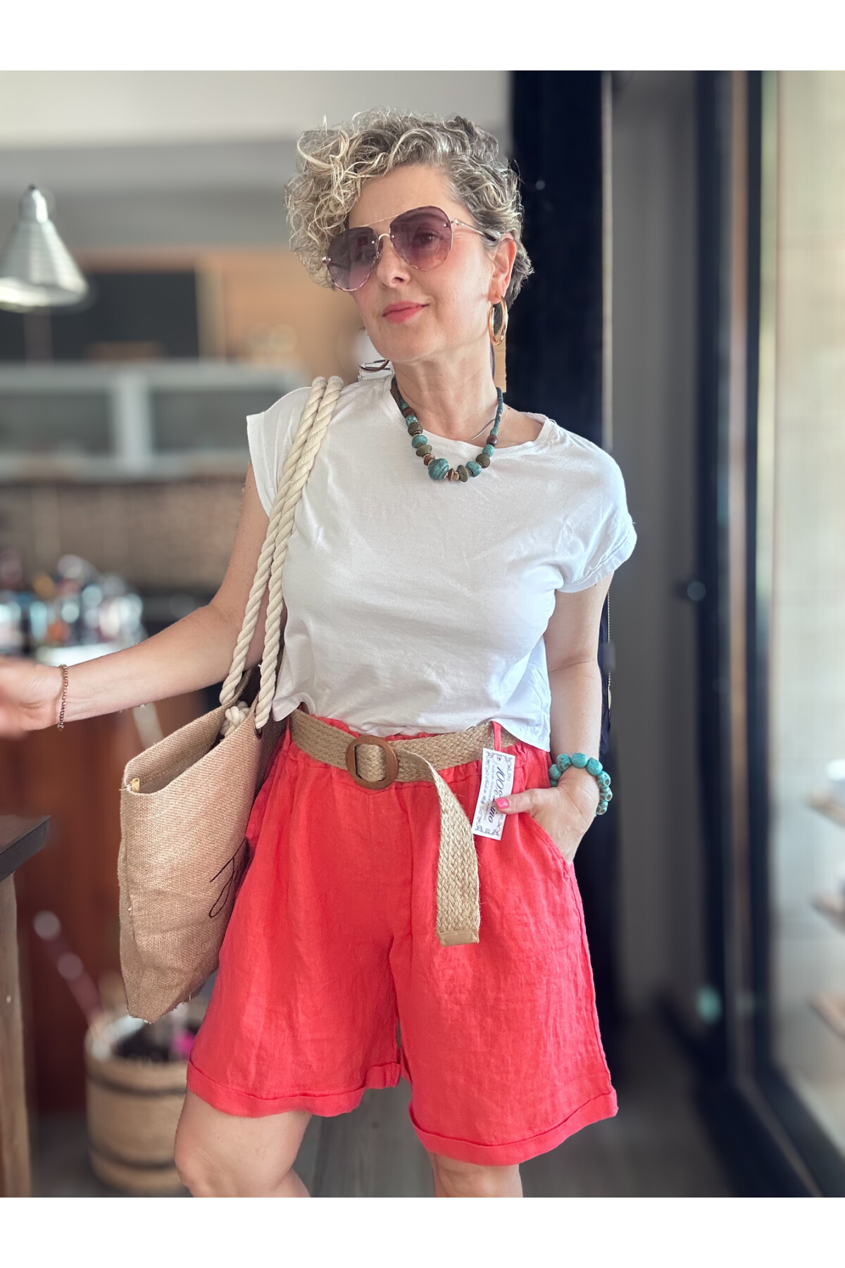 Lenasso İtalyan Stil Hasır Kemerli Keten Şort Mercan