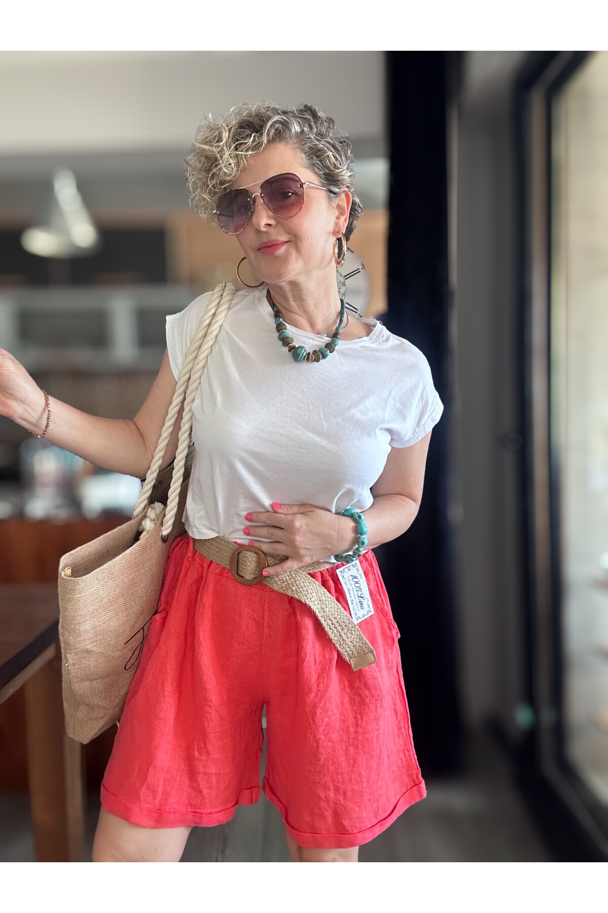 Lenasso İtalyan Stil Hasır Kemerli Keten Şort Mercan