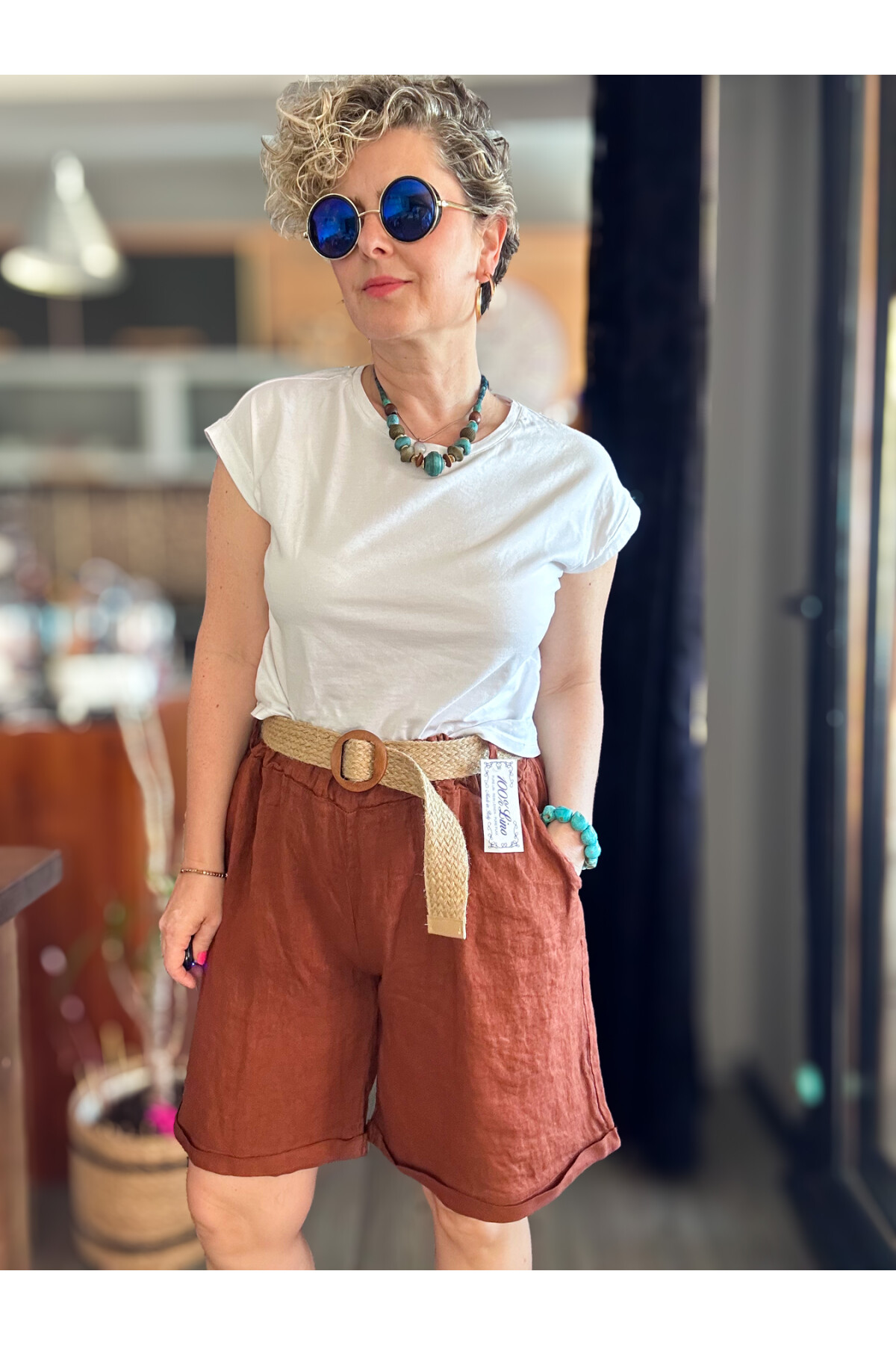 Lenasso İtalyan Stil Hasır Kemerli Keten Şort Tarçın