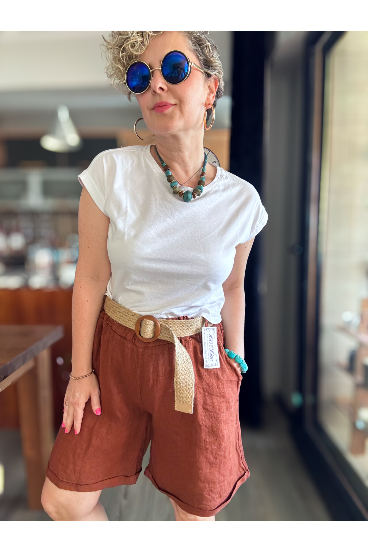 Lenasso İtalyan Stil Hasır Kemerli Keten Şort Tarçın