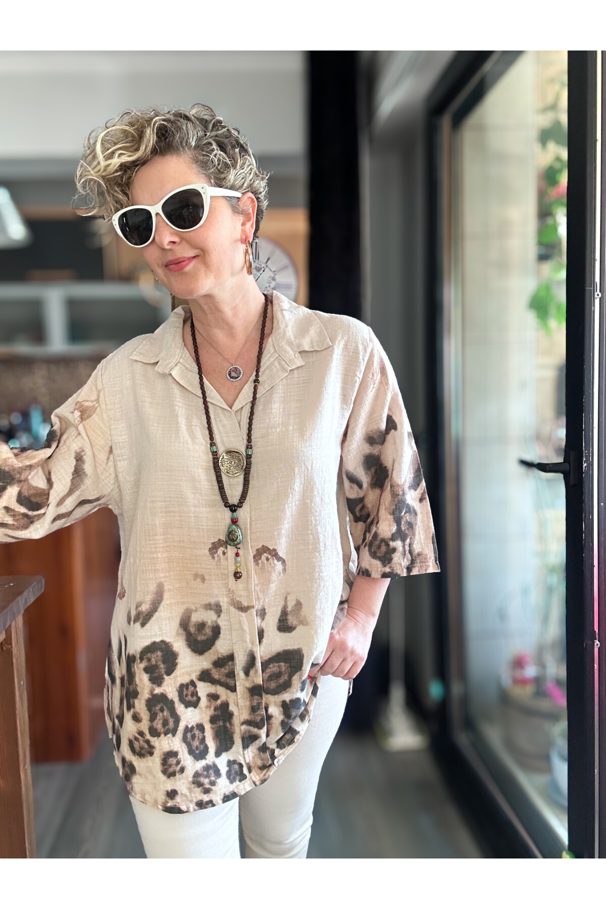 Lenna Leopar Desen Tasarım Gömlek Bluz Bej
