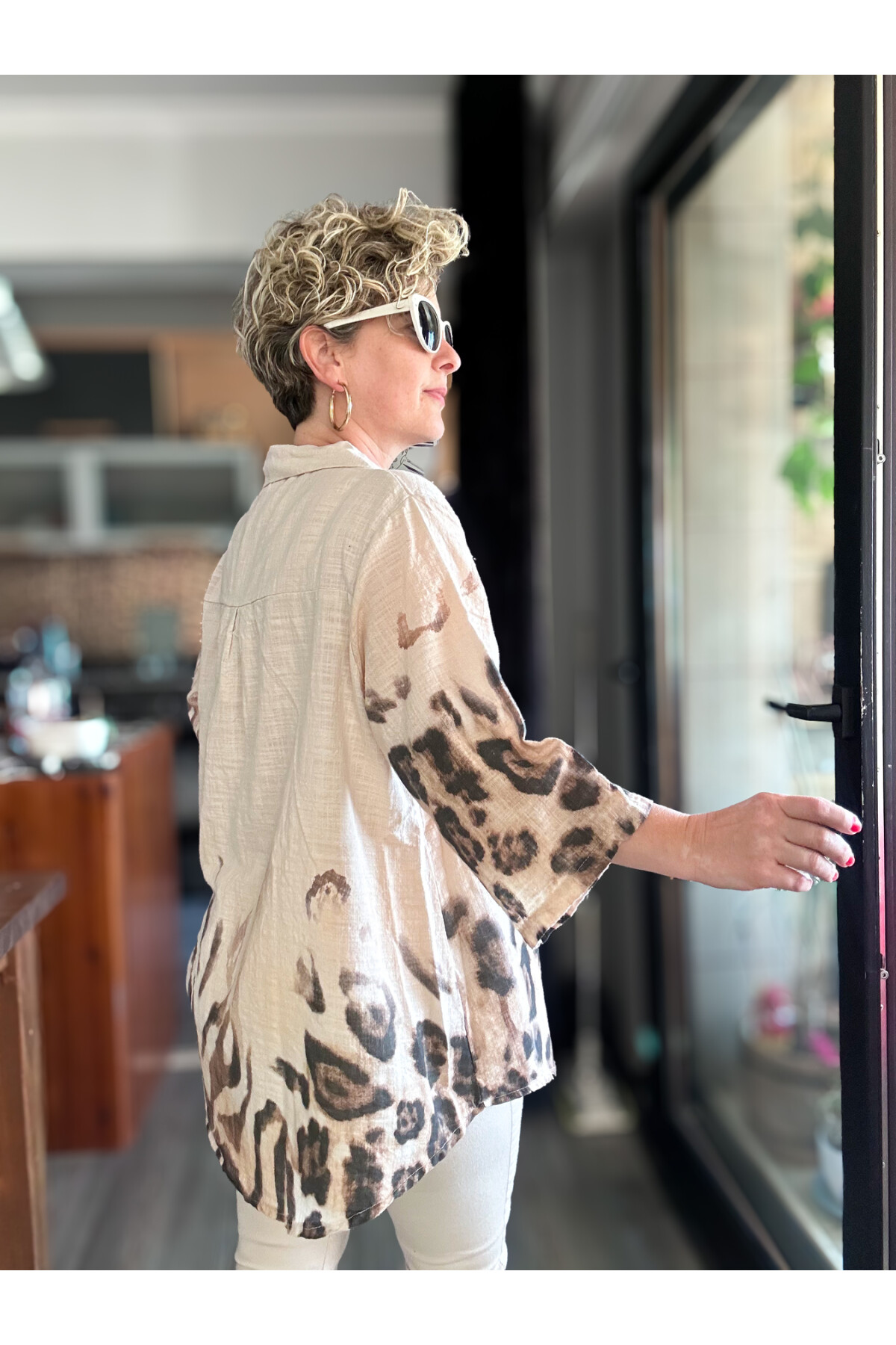 Lenna Leopar Desen Tasarım Gömlek Bluz Bej