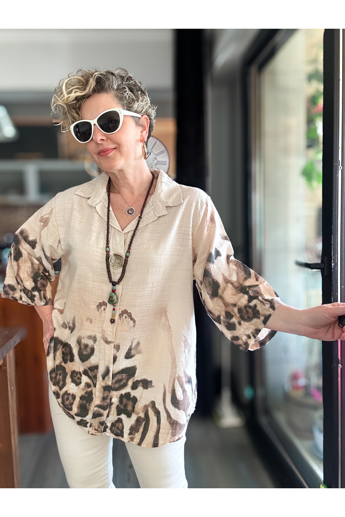 Lenna Leopar Desen Tasarım Gömlek Bluz Bej