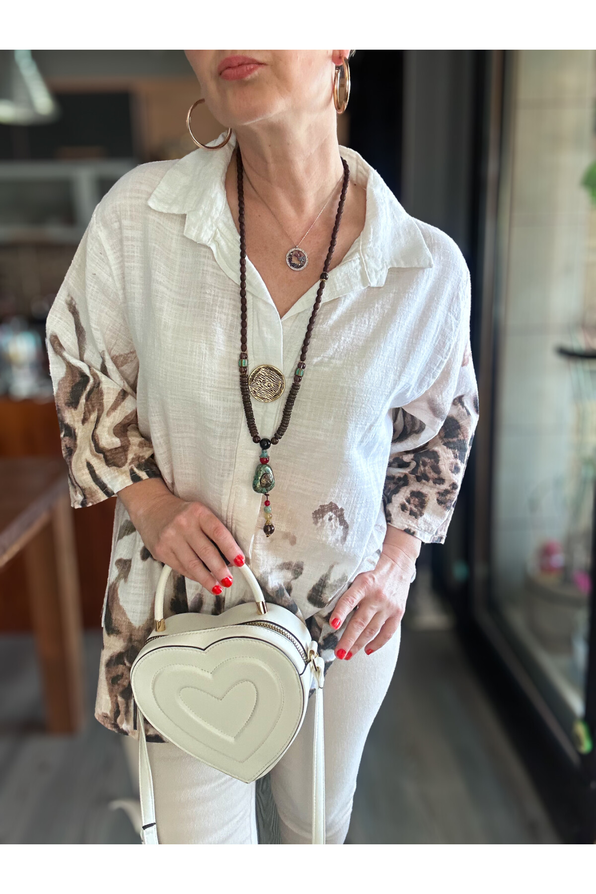 Lenna Leopar Desen Tasarım Gömlek Bluz Kırık Beyaz