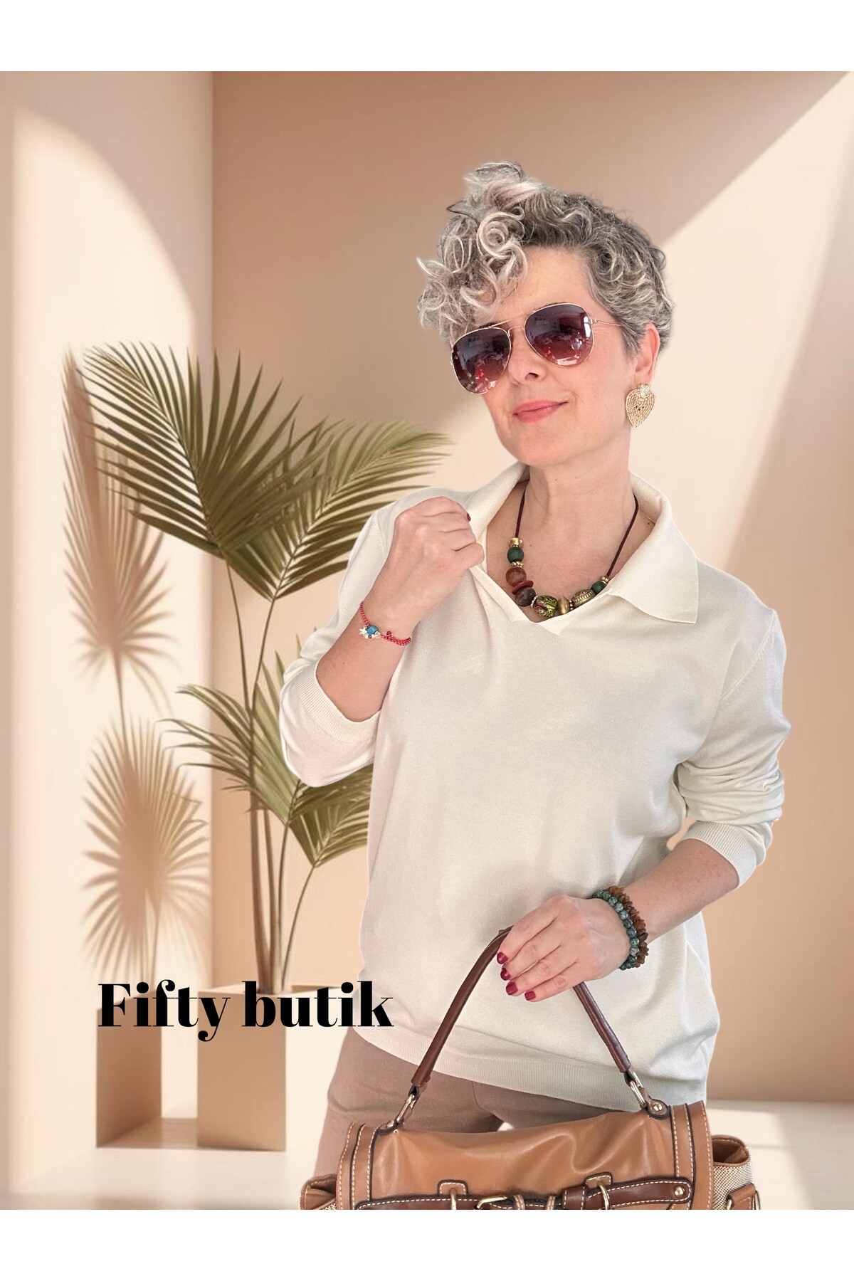 Lerso Polo Yaka Tasarım Triko Bluz Ekru