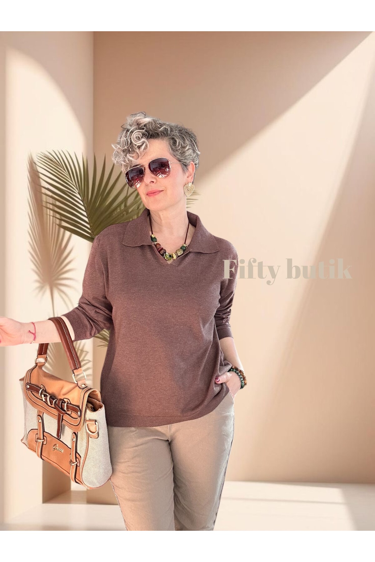 Lerso Polo Yaka Tasarım Triko Bluz Kahve