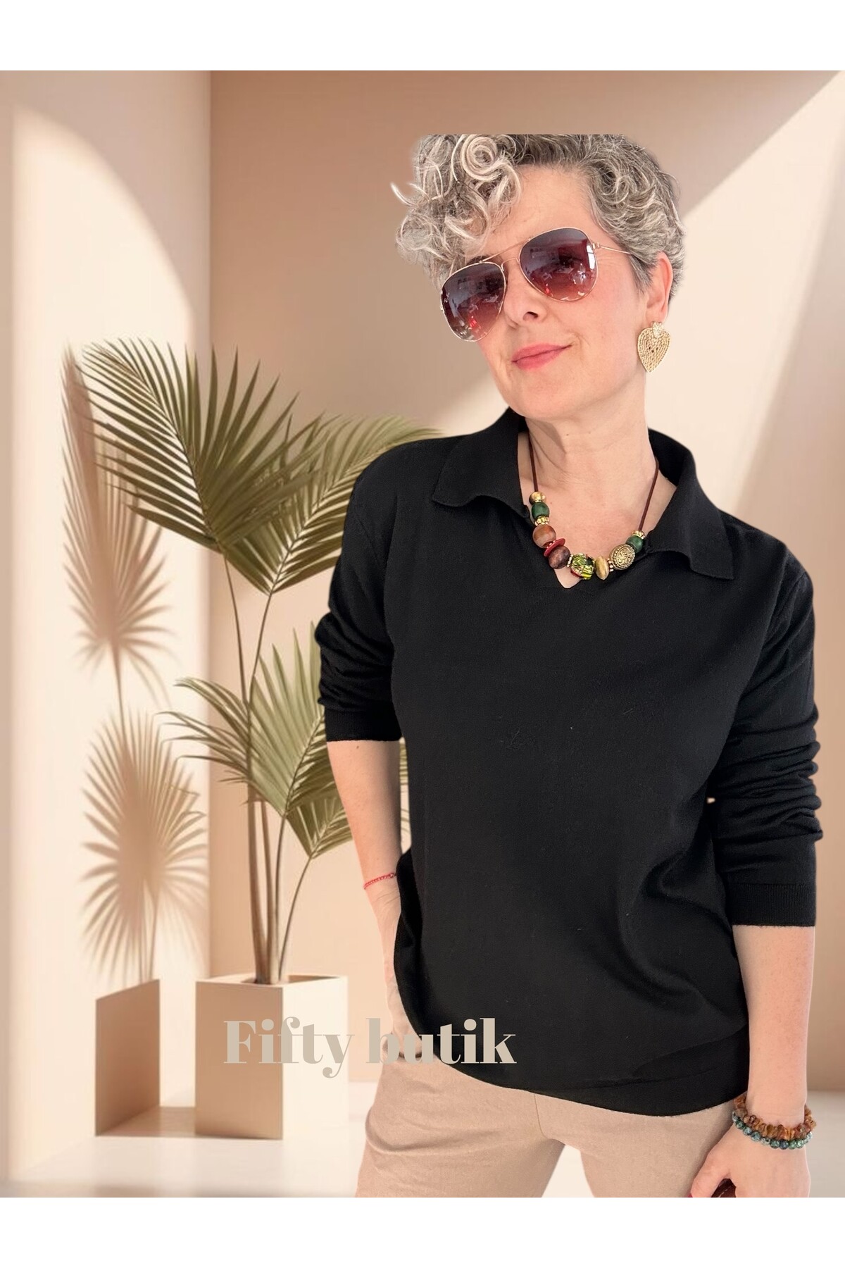 Lerso Polo Yaka Tasarım Triko Bluz Siyah