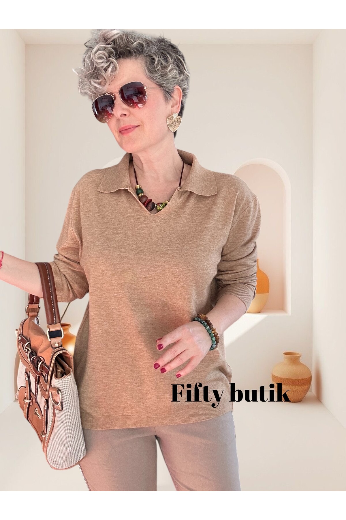 Lerso Polo Yaka Tasarım Triko Bluz Vizon