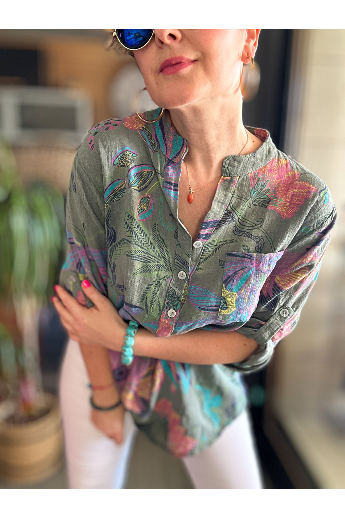 Lessi Yeni Zambak Desen Haki Desenli İtalyan Gömlek