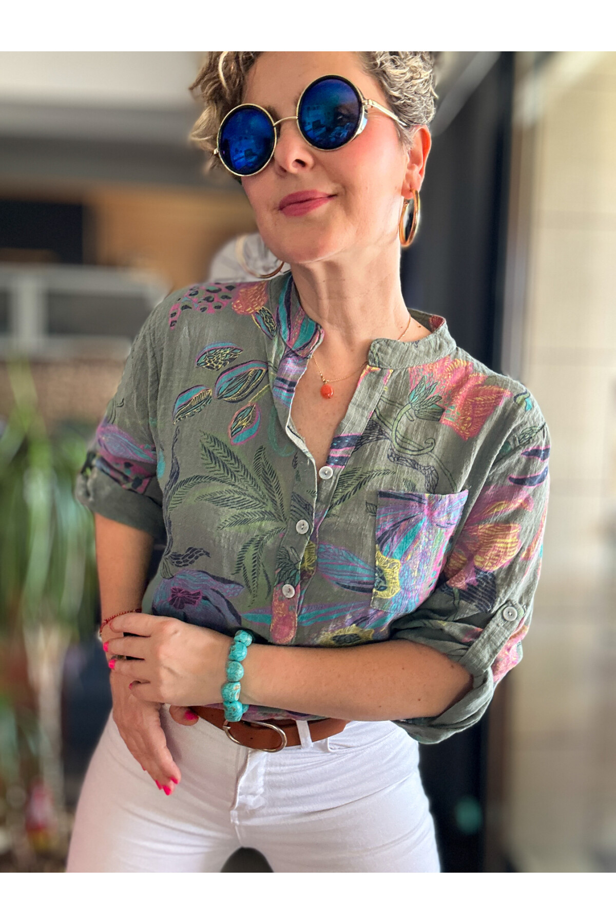 Lessi Yeni Zambak Desen Haki Desenli İtalyan Gömlek