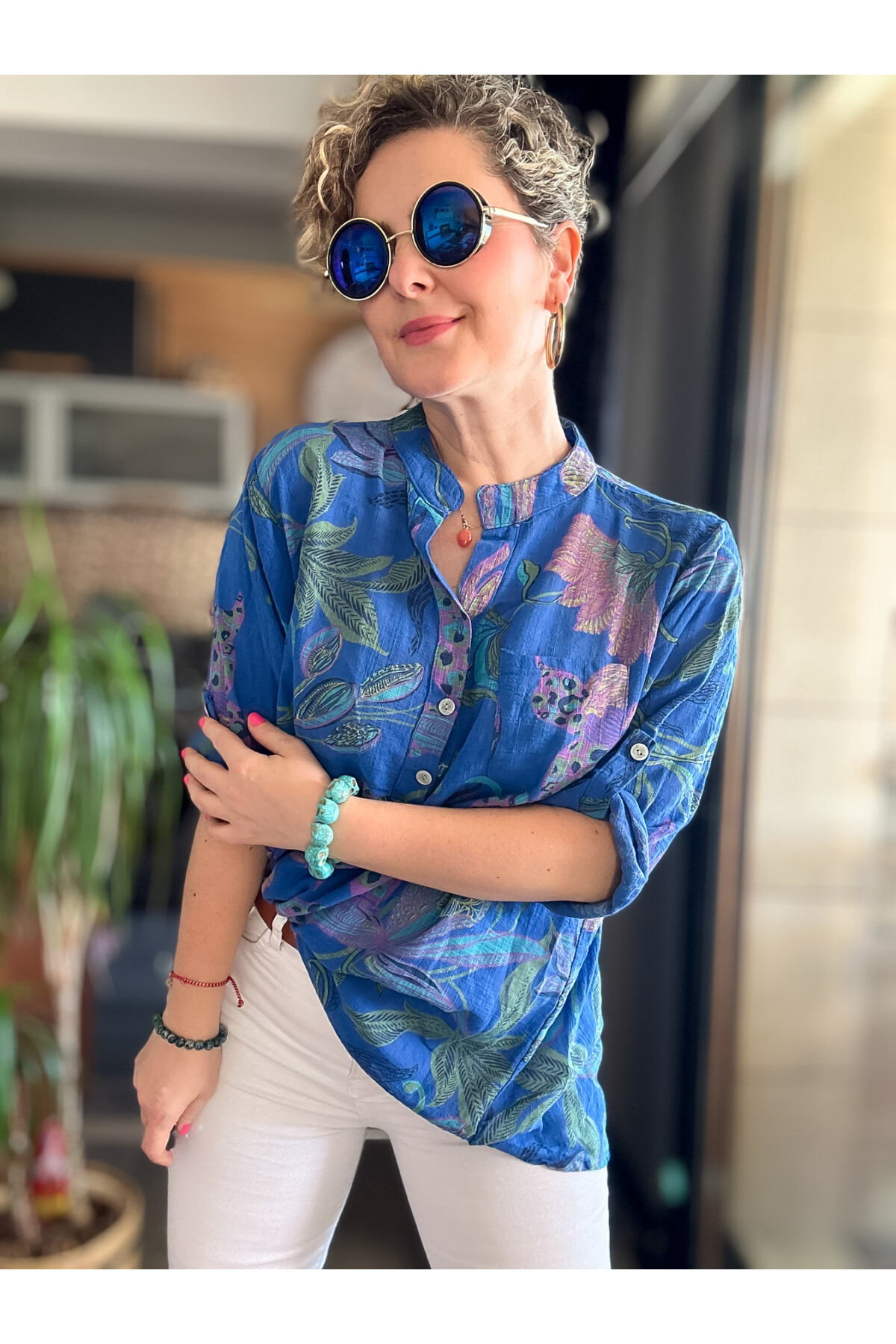 Lessi Yeni Zambak Desen Sax Desenli İtalyan Gömlek