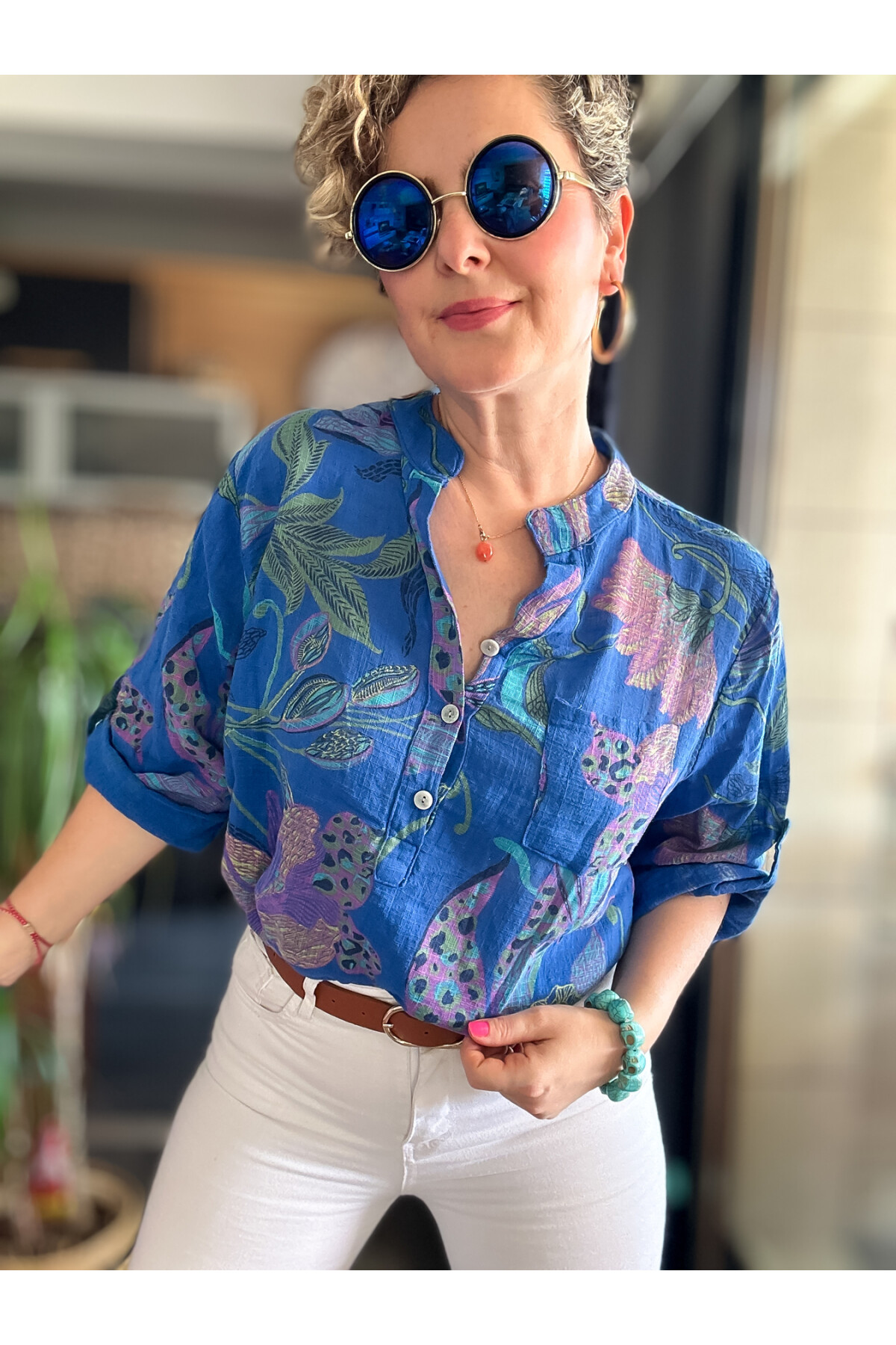 Lessi Yeni Zambak Desen Sax Desenli İtalyan Gömlek