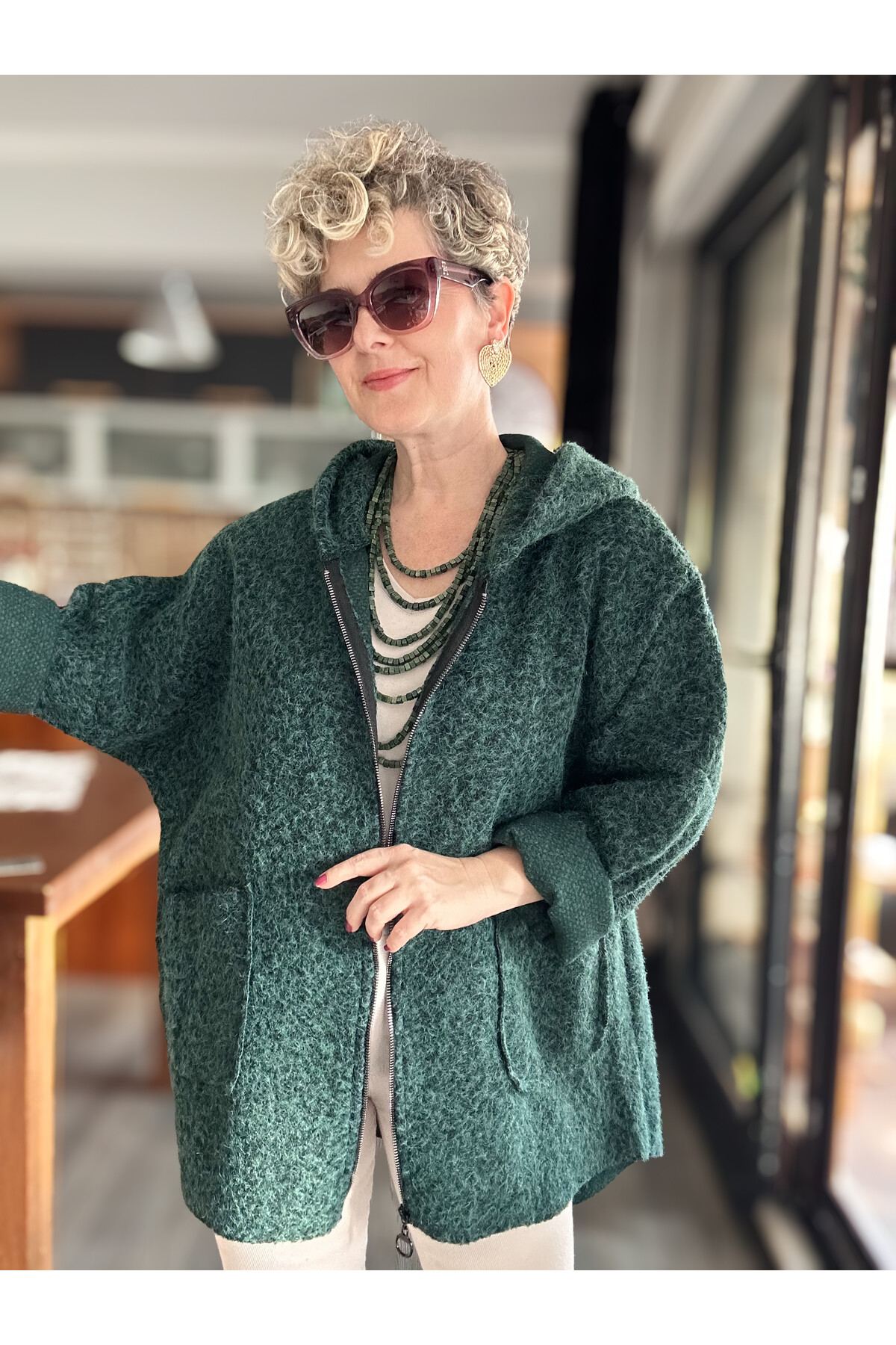 Lilly İtalyan Booklet Kapşonlu Fermuarlı Mont Zümrüt