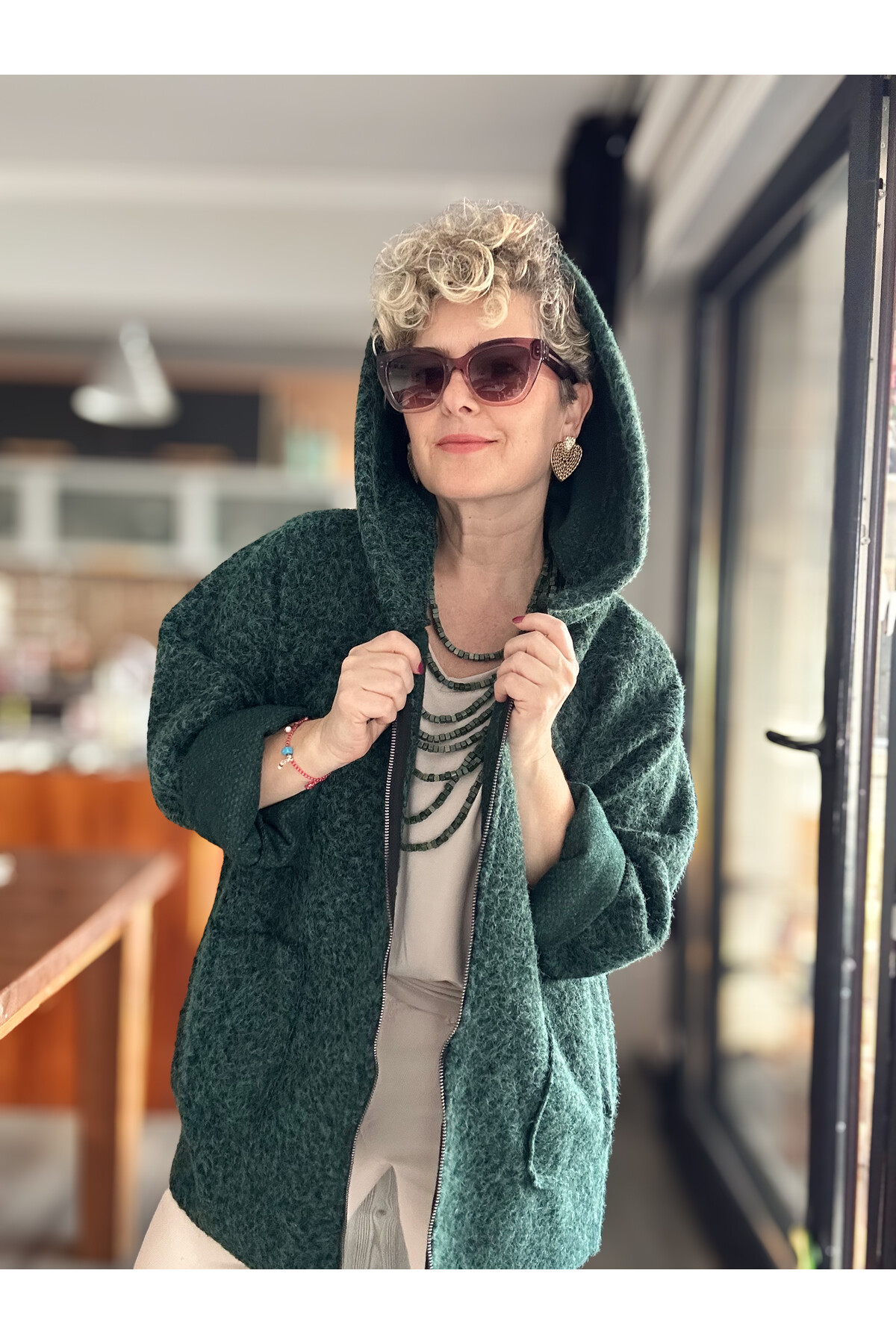 Lilly İtalyan Booklet Kapşonlu Fermuarlı Mont Zümrüt