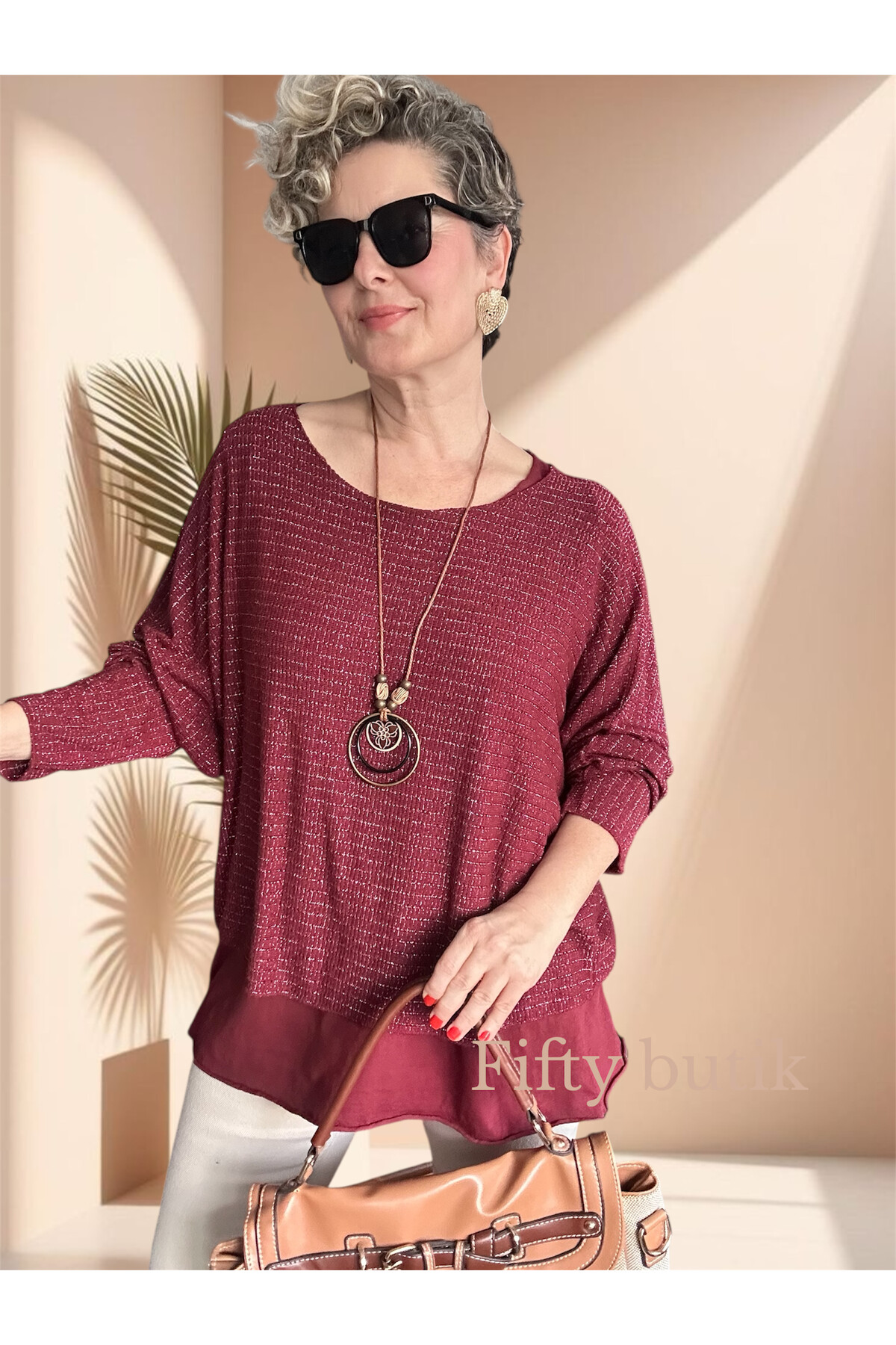 Lippa İthal 2 Parça Kolyeli Triko Bluz Bordo