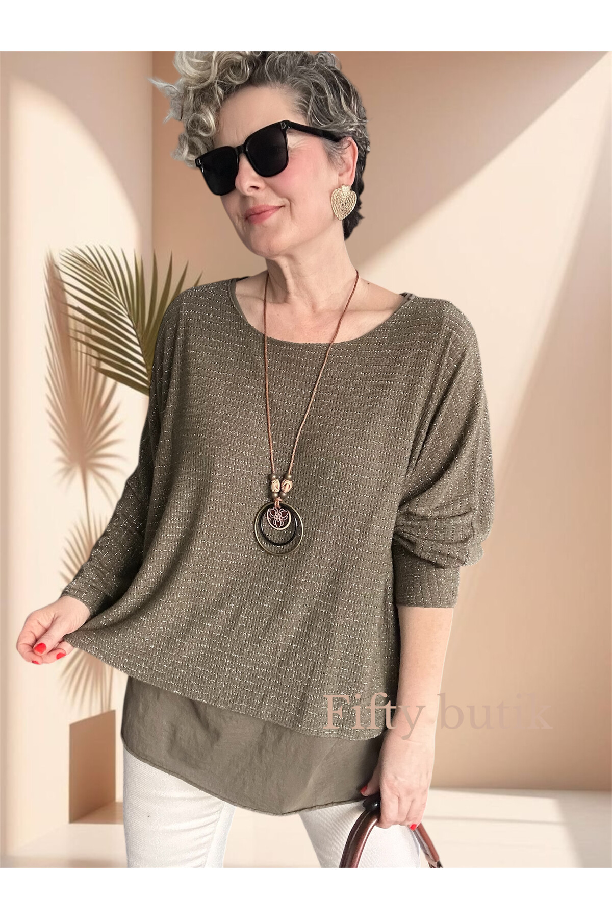 Lippa İthal 2 Parça Kolyeli Triko Bluz Haki Yeşil