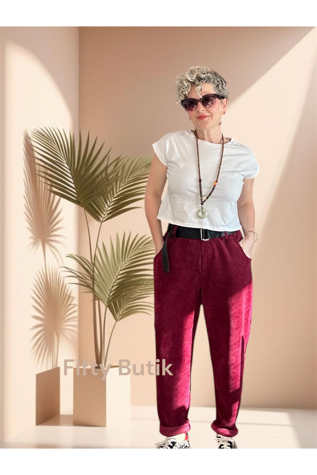 Luppo İtalyan Şönil Kemerli Havuç Pantolon Bordo