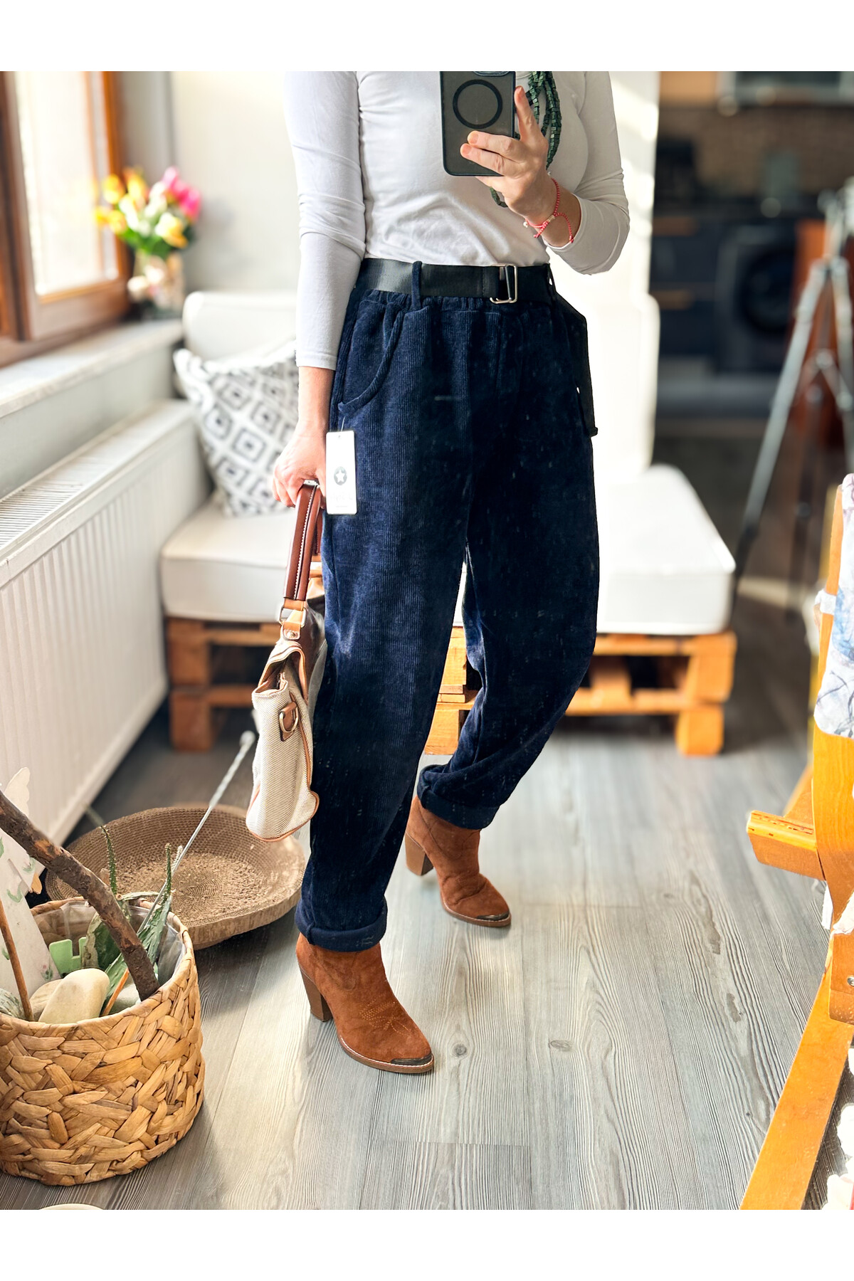 Luppo İtalyan Şönil Kemerli Havuç Pantolon Lacivert