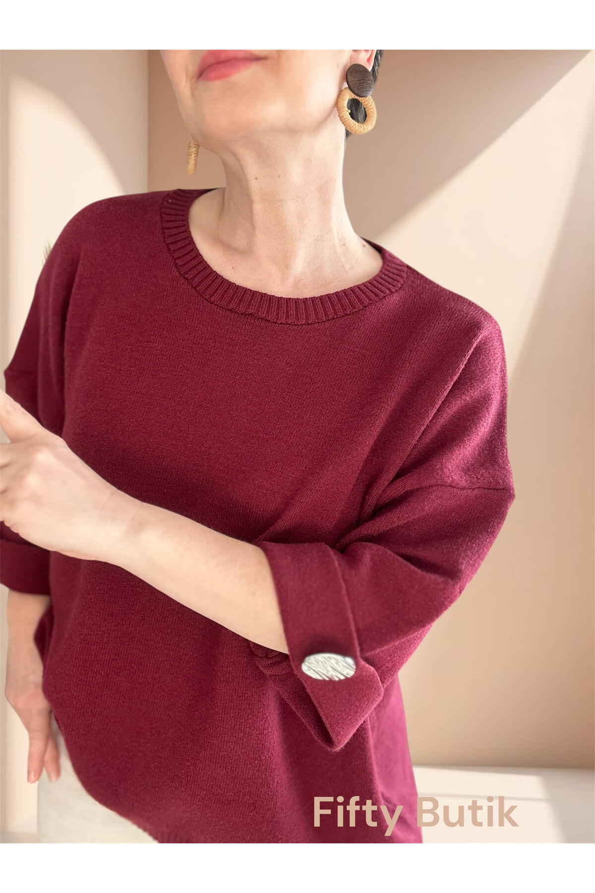 Macca Tasarım Düğme Detay Triko Bluz Bordo