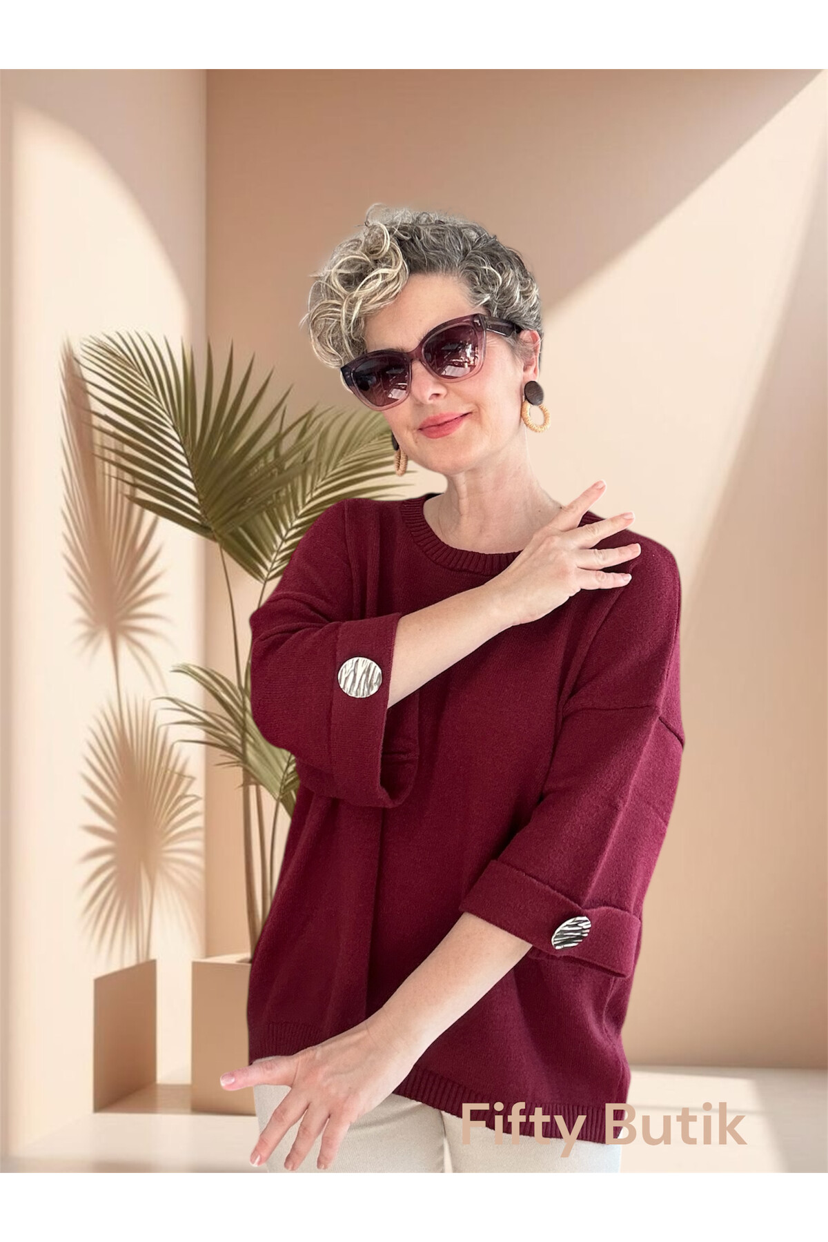 Macca Tasarım Düğme Detay Triko Bluz Bordo
