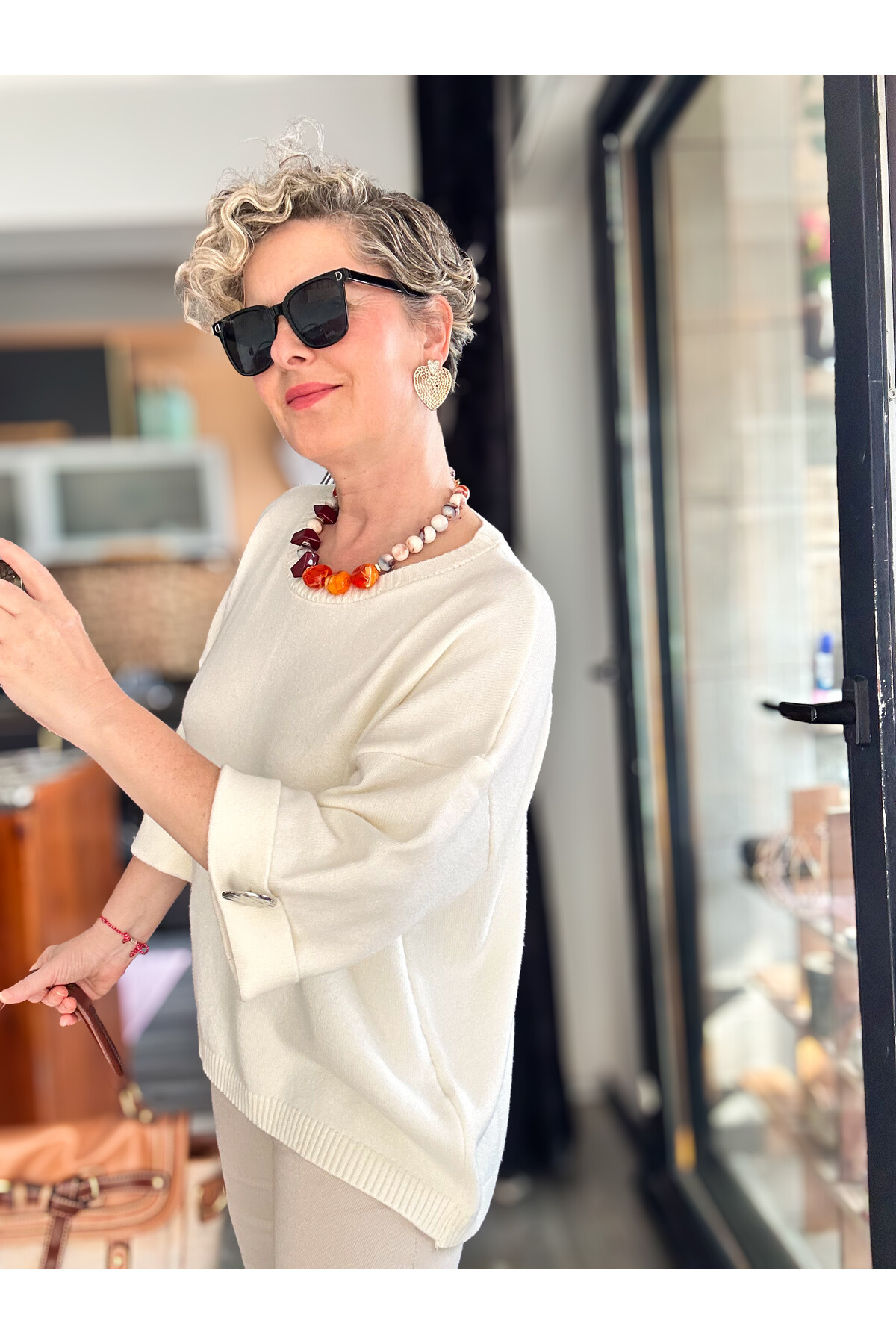 Macca Tasarım Düğme Detay Triko Bluz Ekru