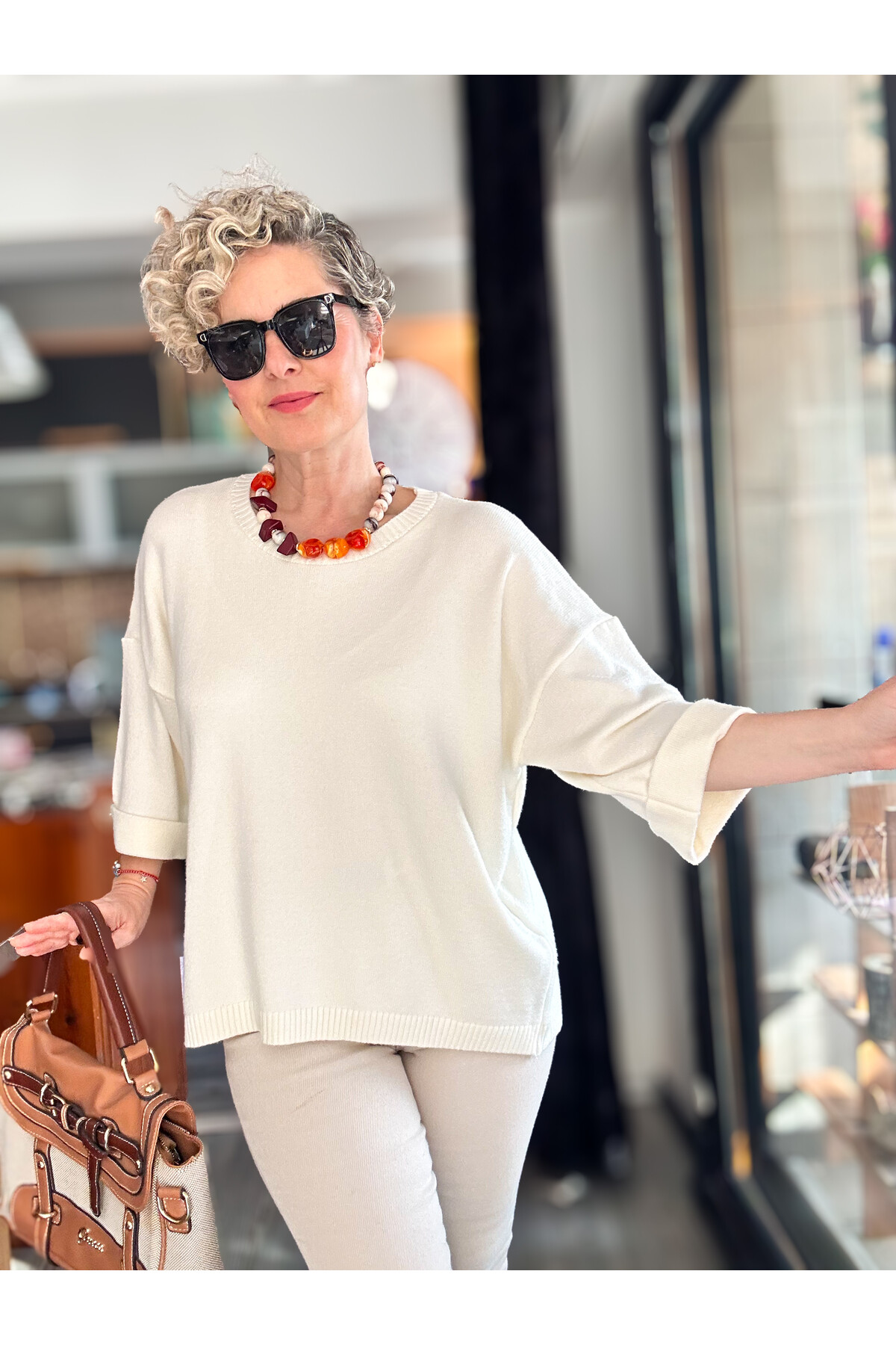 Macca Tasarım Düğme Detay Triko Bluz Ekru