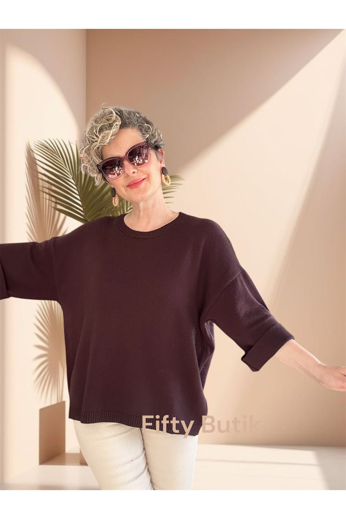 Macca Tasarım Düğme Detay Triko Bluz Kahverengi