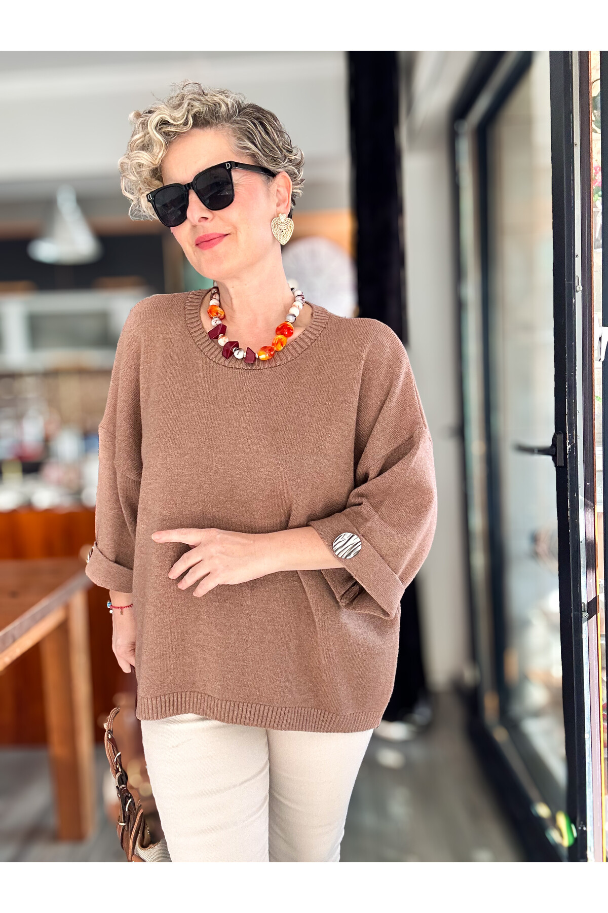 Macca Tasarım Düğme Detay Triko Bluz Vizon