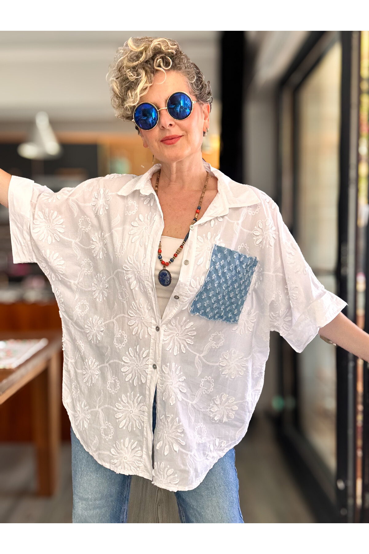 Makkis Kot Cep Detaylı İtalyan Brode Gömlek Beyaz
