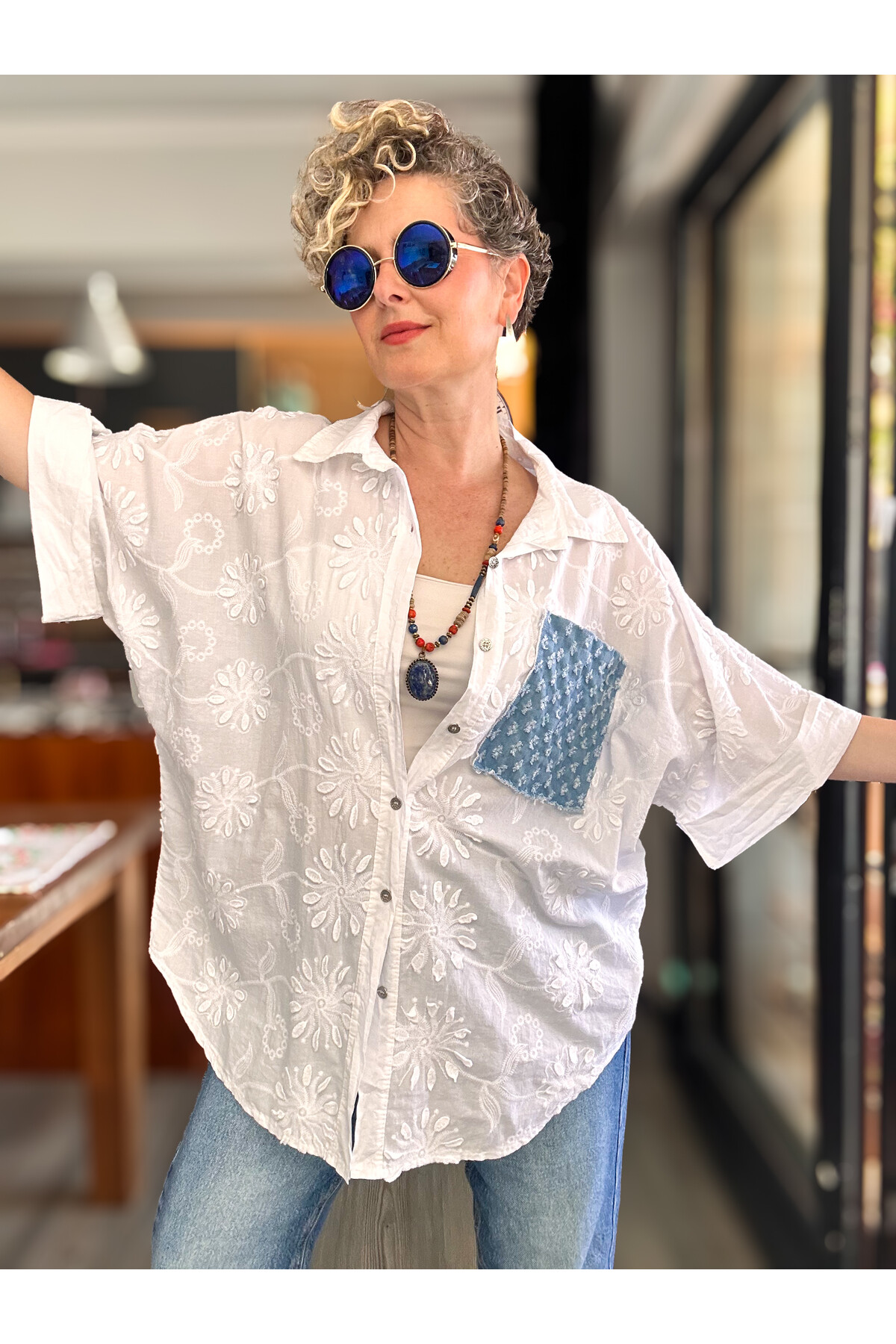 Makkis Kot Cep Detaylı İtalyan Brode Gömlek Beyaz