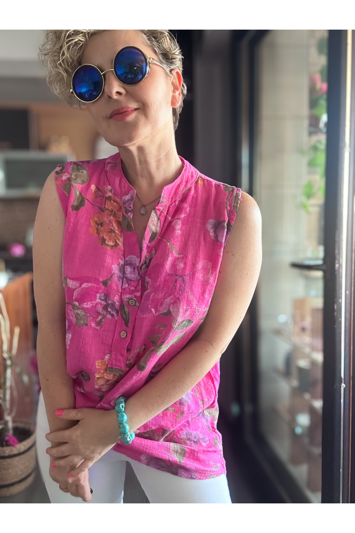 Massa Lilyum Desen Sıfır Kol İtalyan Bluz Fuşya