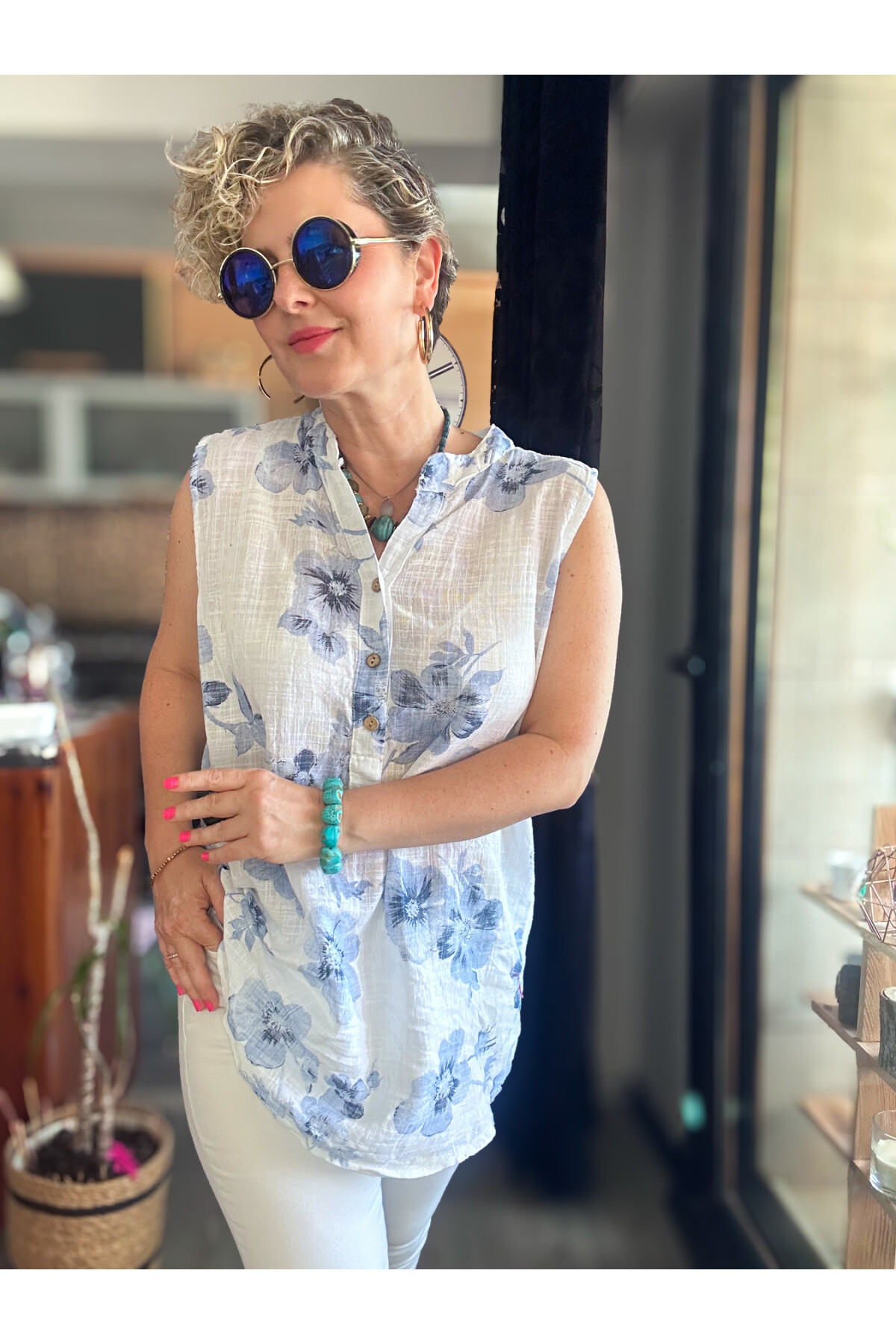 Massa Lotus Desen Sıfır Kol İtalyan Bluz Beyaz