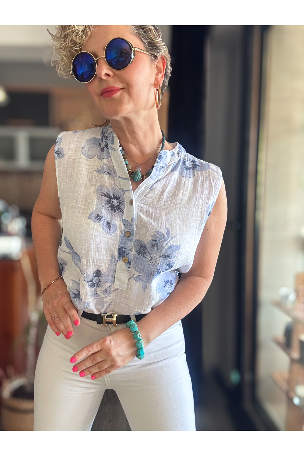 Massa Lotus Desen Sıfır Kol İtalyan Bluz Beyaz