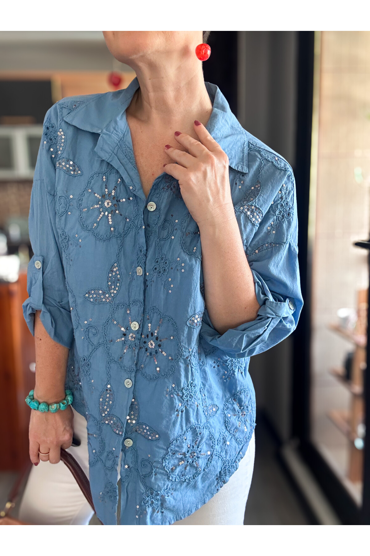 Melly İtalyan Fisto Pul Detay Gömlek İndigo Mavi