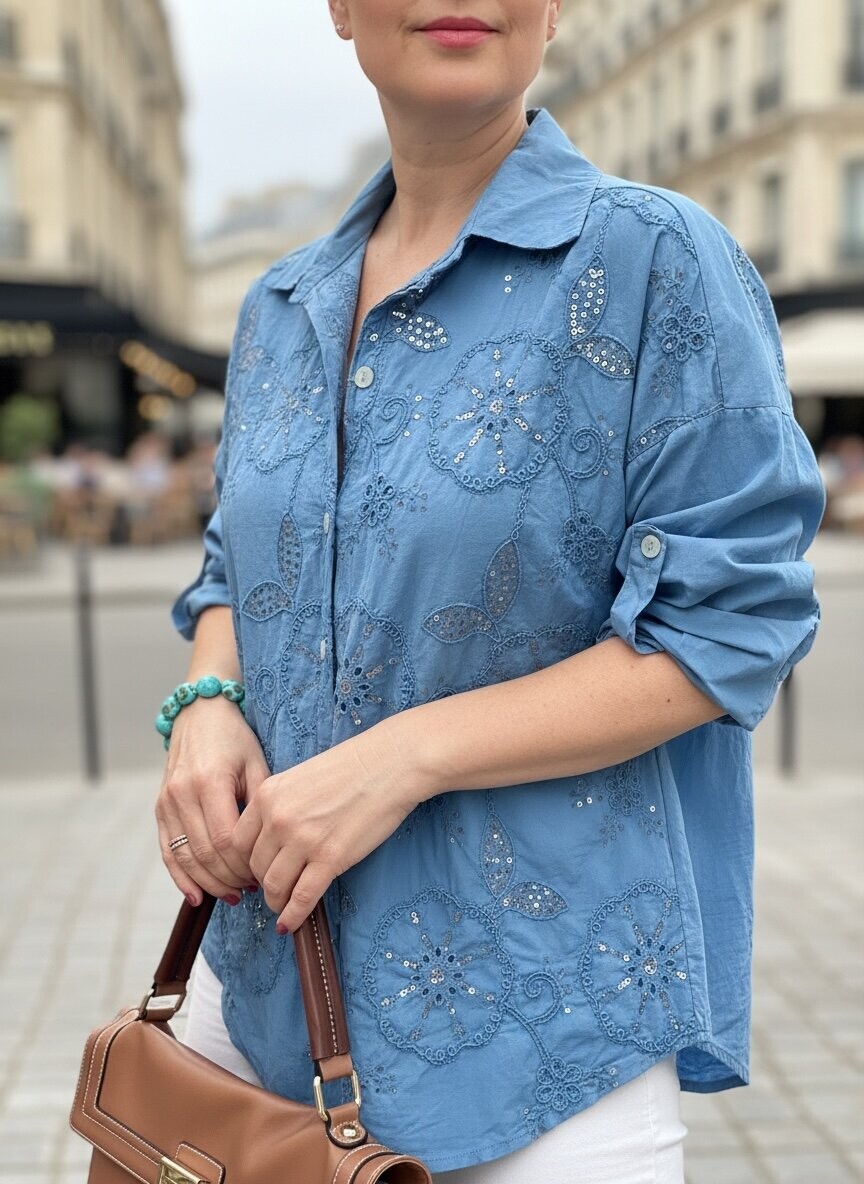 Melly İtalyan Fisto Pul Detay Gömlek İndigo Mavi