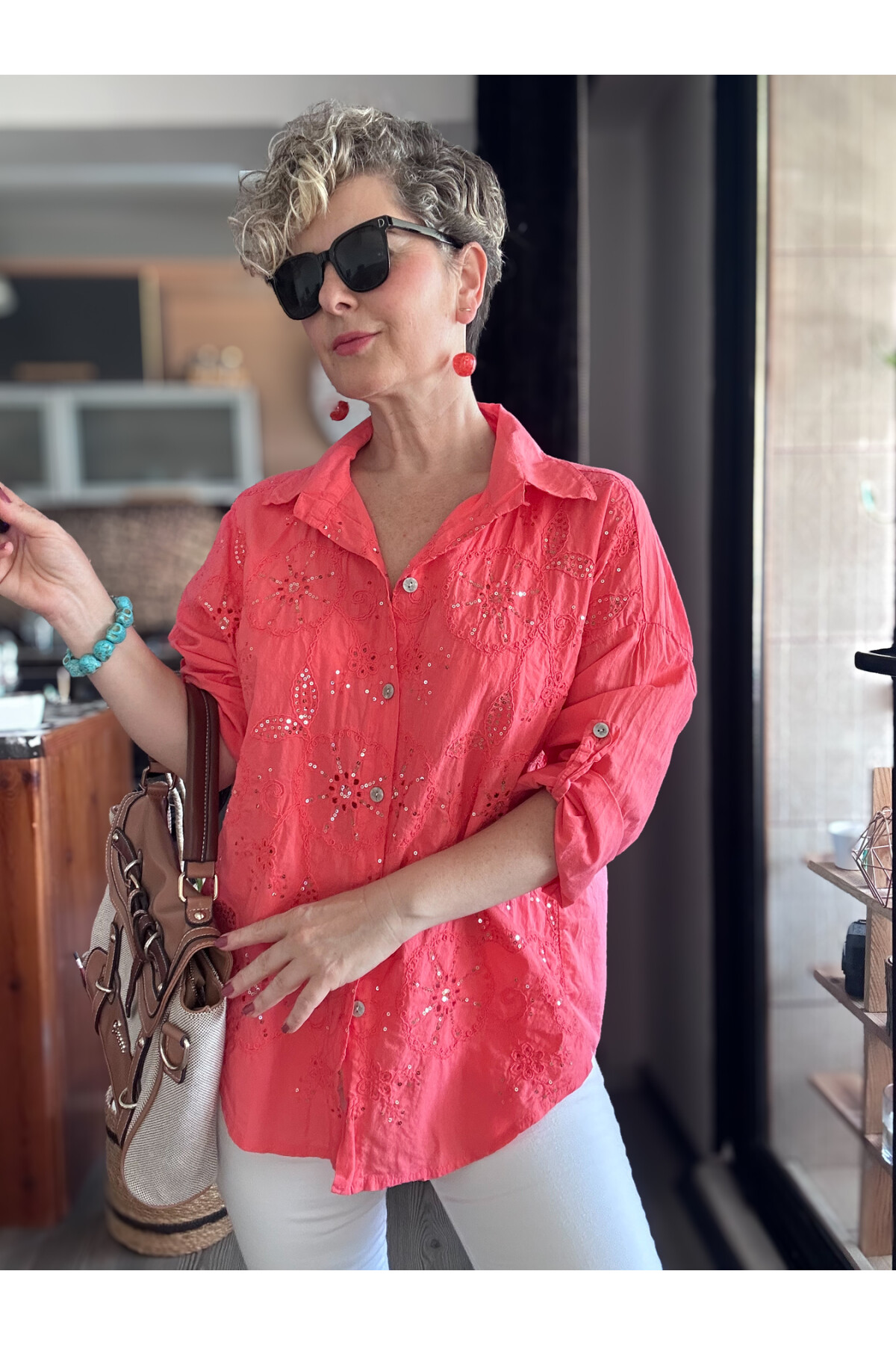 Melly İtalyan Fisto Pul Detay Gömlek Mercan