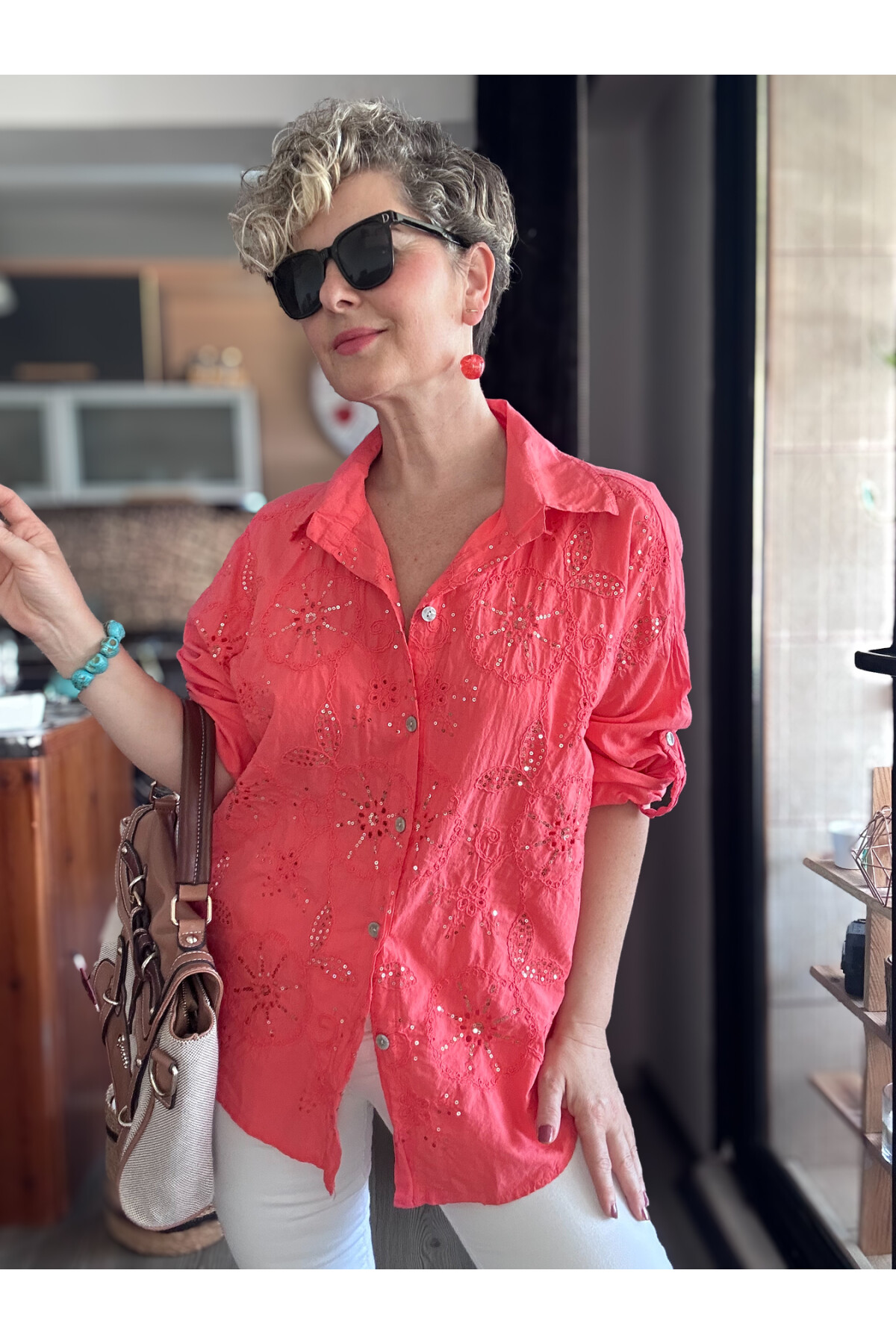 Melly İtalyan Fisto Pul Detay Gömlek Mercan