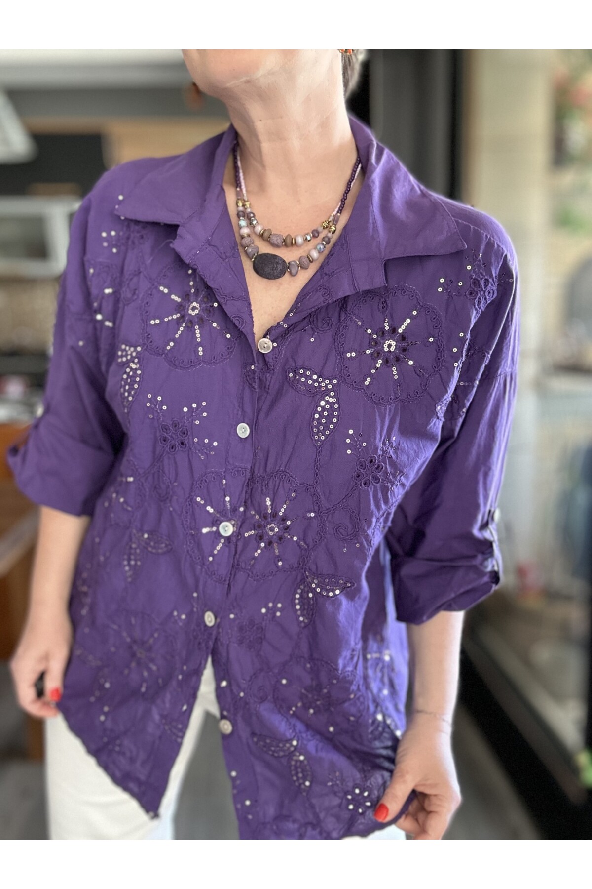 Melly İtalyan Fisto Pul Detay Gömlek Mor