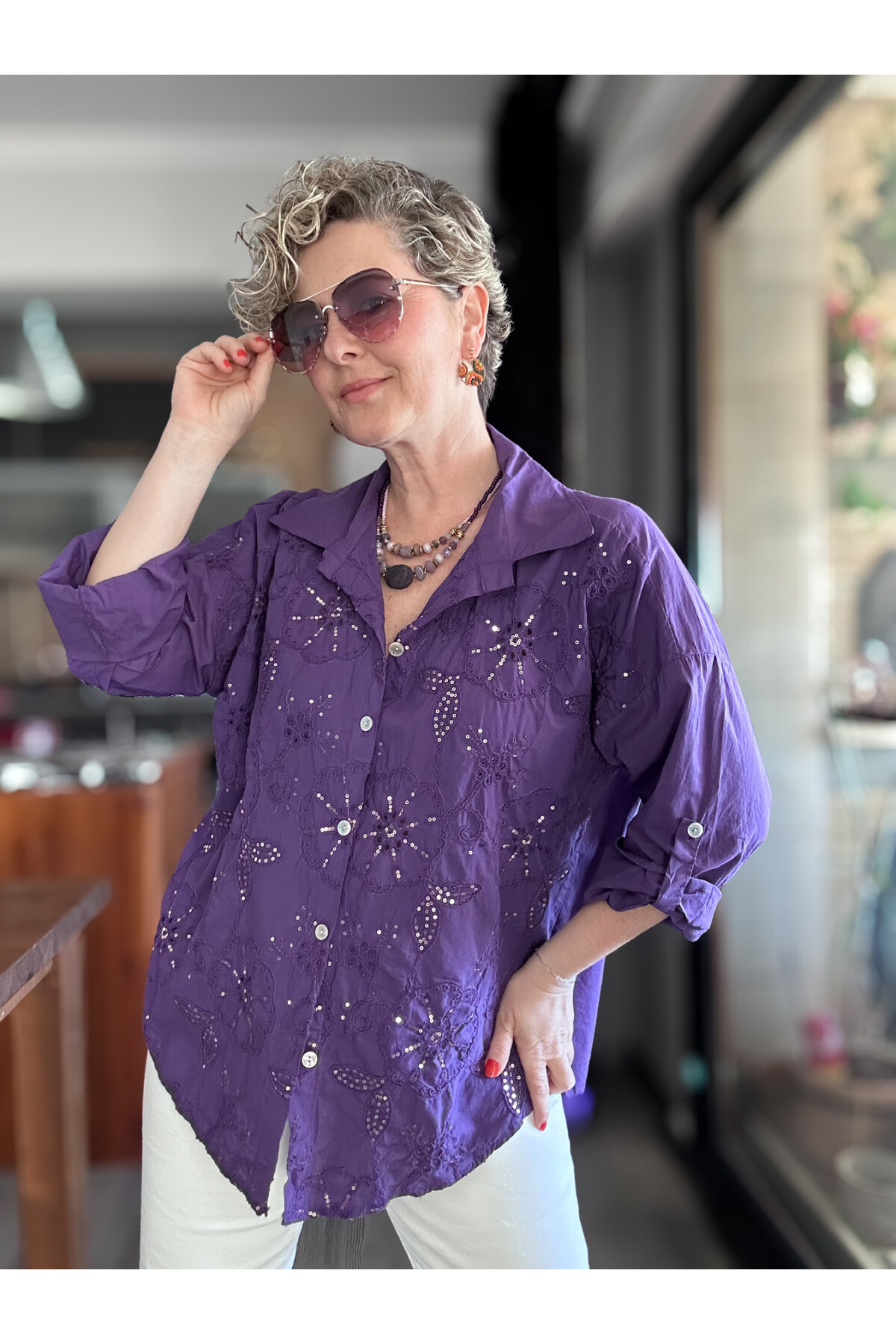 Melly İtalyan Fisto Pul Detay Gömlek Mor