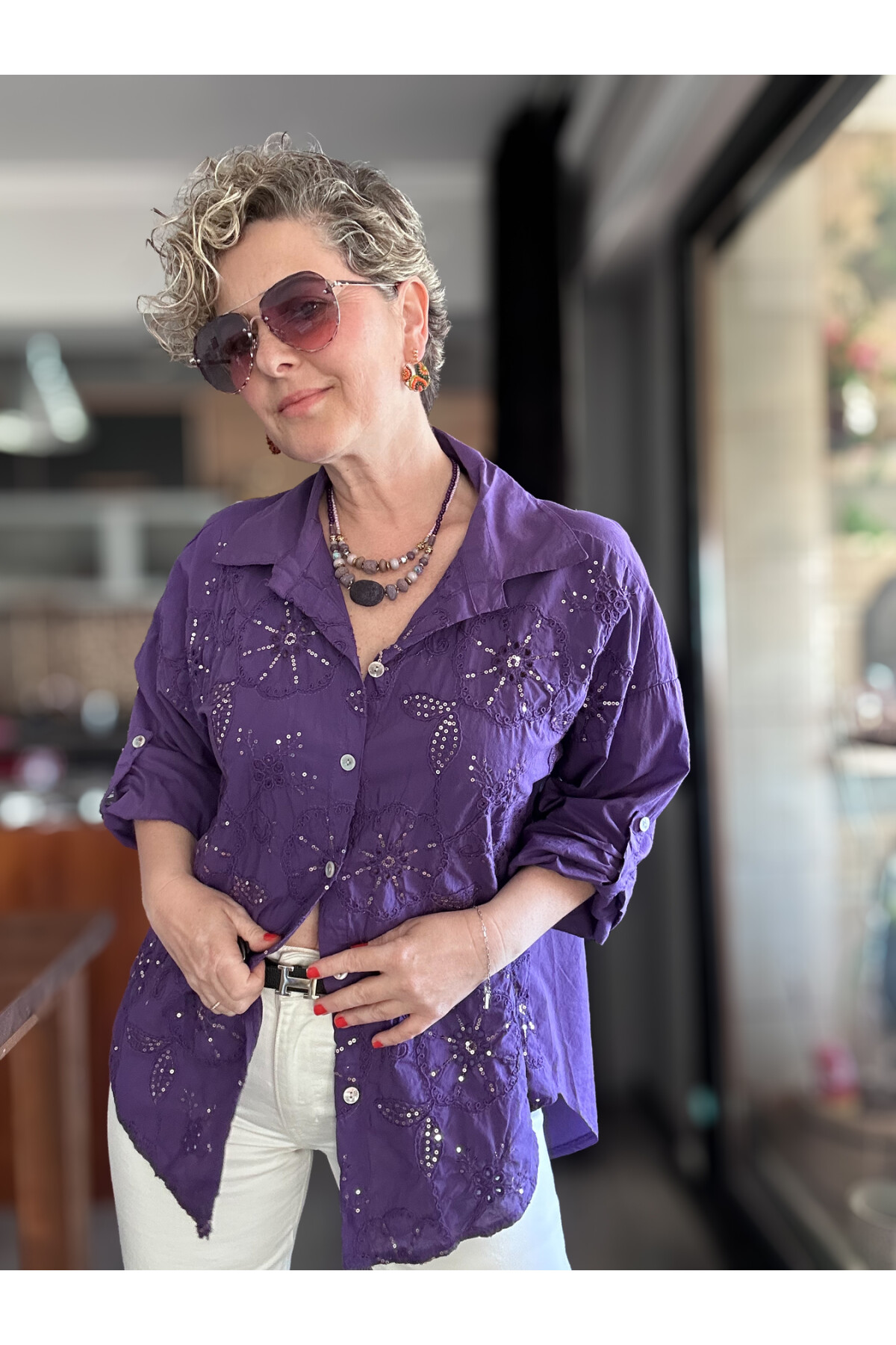 Melly İtalyan Fisto Pul Detay Gömlek Mor