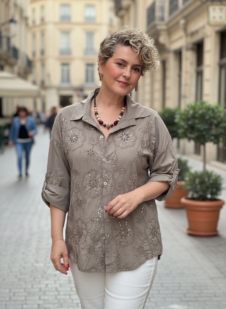 Melly İtalyan Fisto Pul Detay Gömlek Vizon