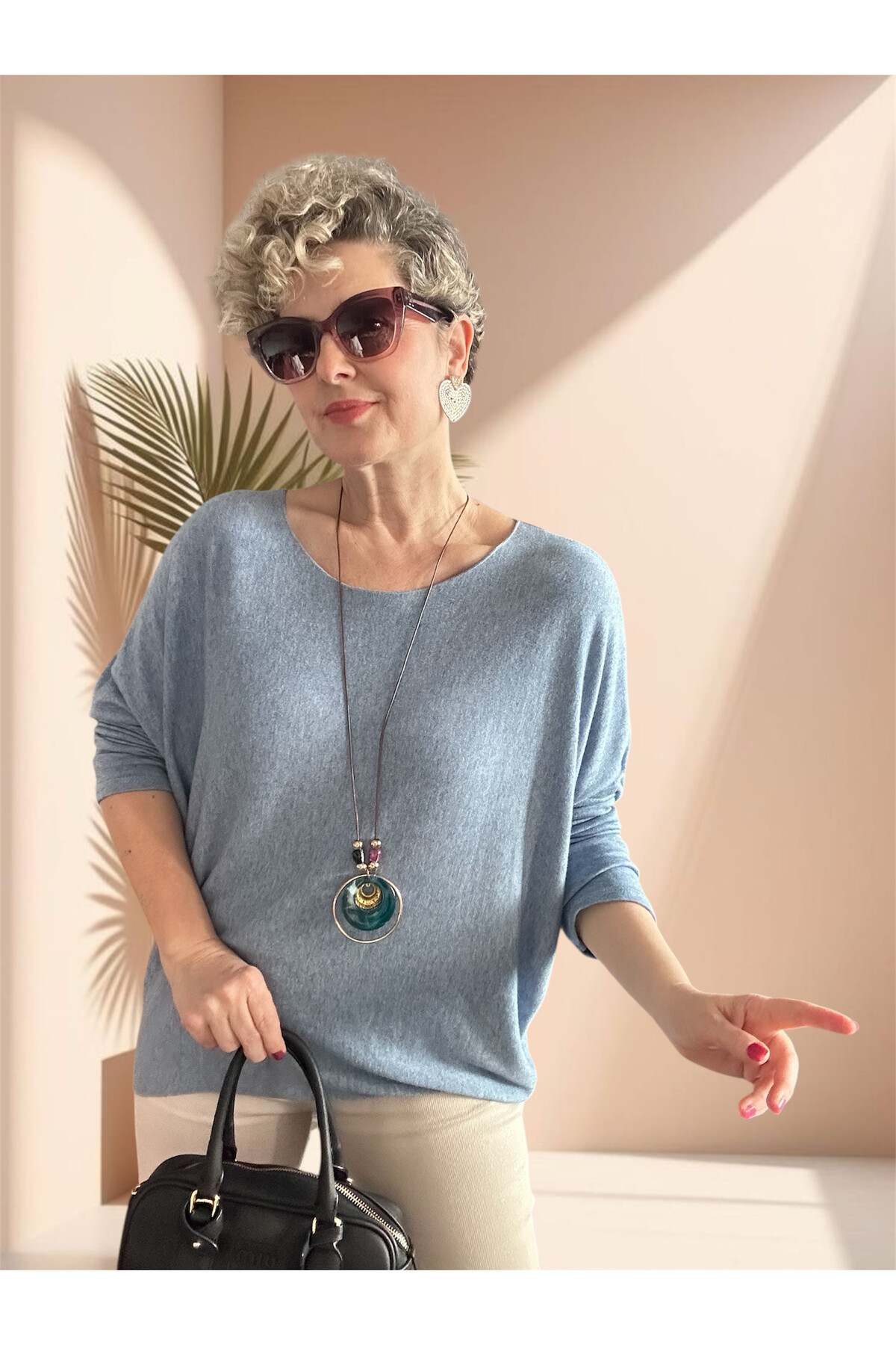 Mezzo İtalyan Kolyeli Tasarım Triko Bluz Bebe Mavi